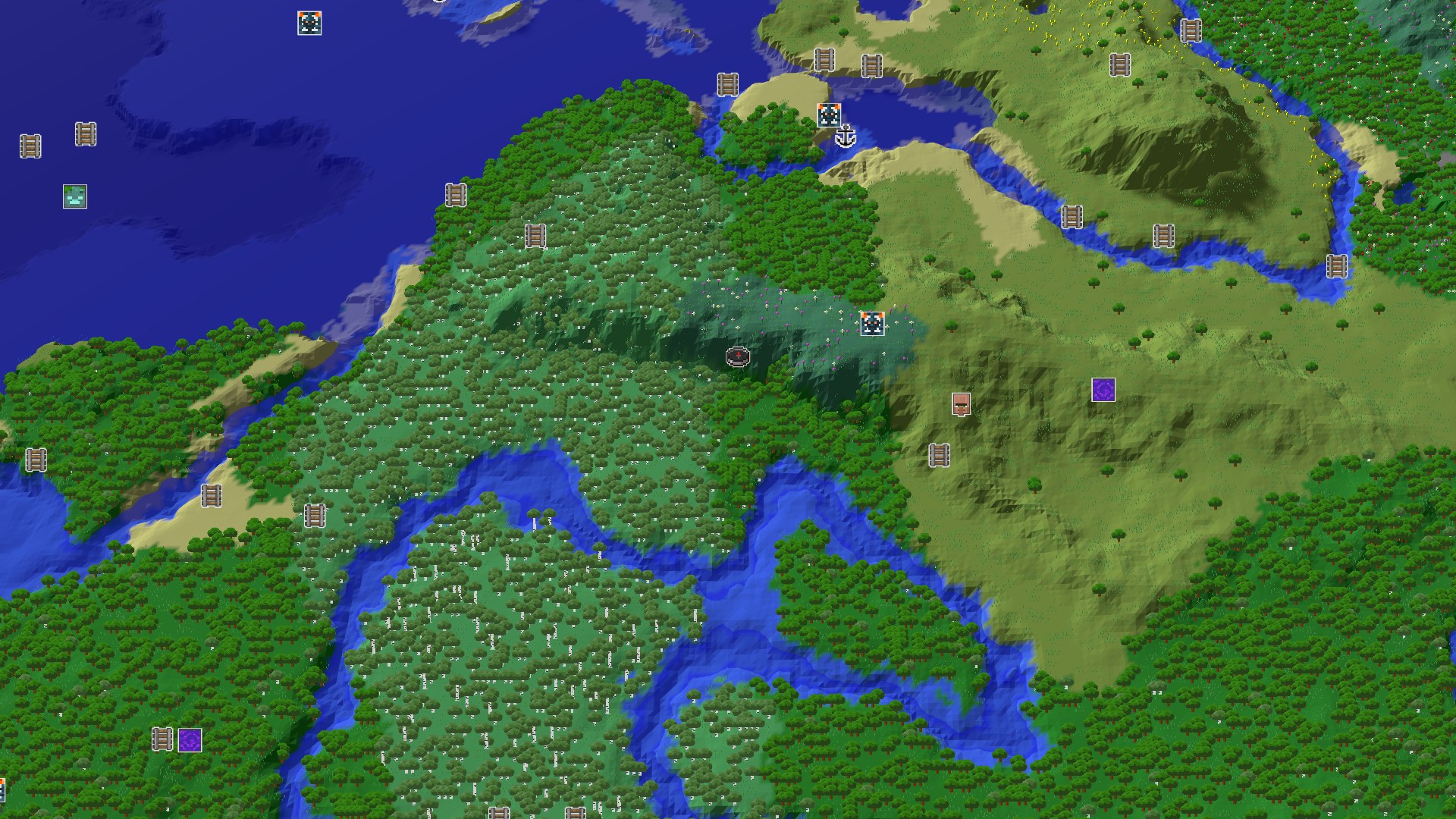 A 3D overhead view of a dense forest surrounding a river, with patches of lighter green meadow and some ocean visible.