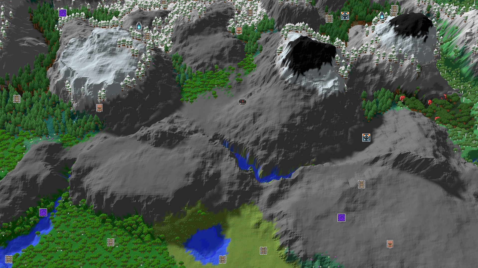 Aerial Minecraft seed map — A Mountainous Start with Nearby Amethyst