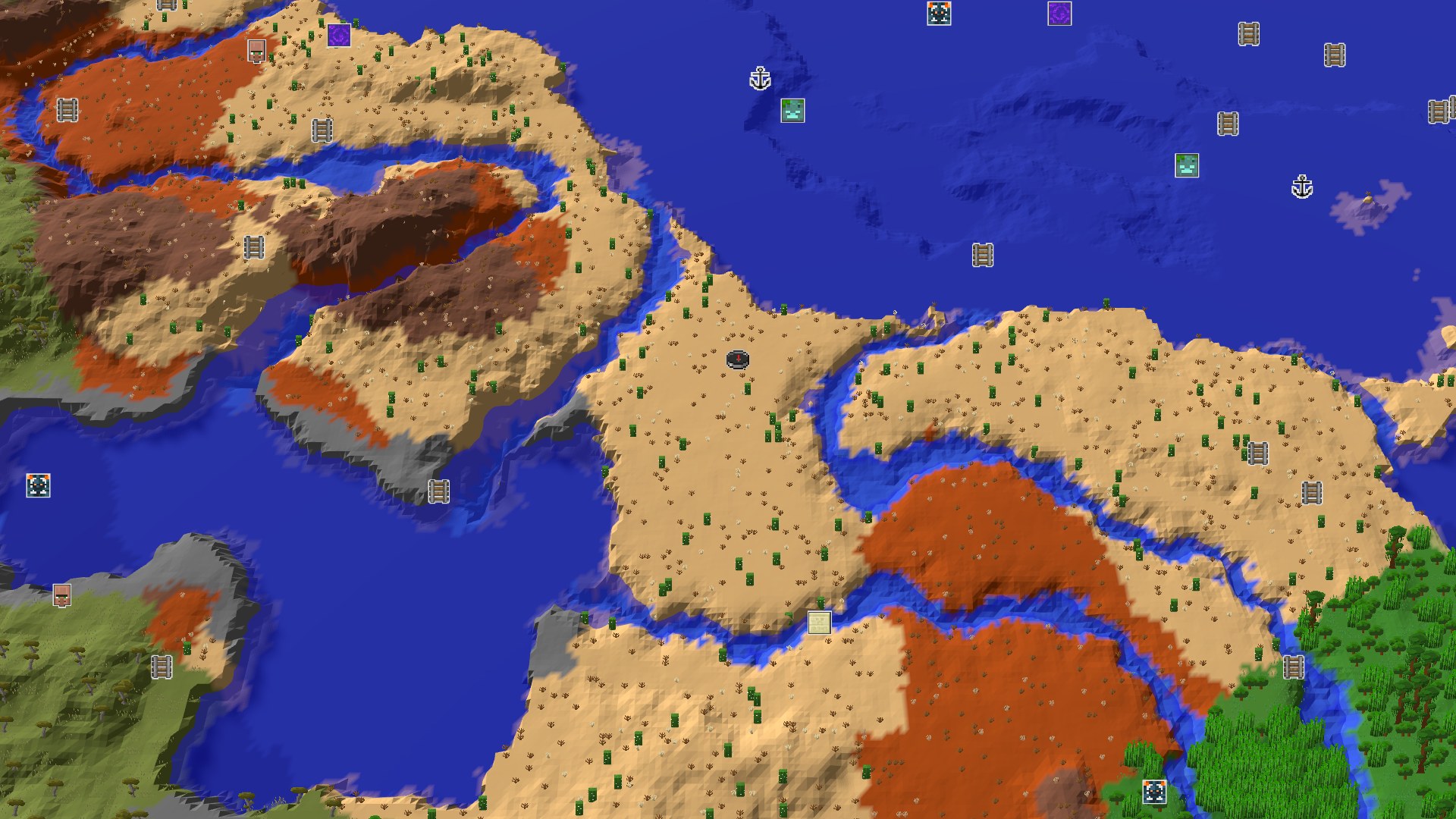 Aerial Minecraft seed map — A Desert Start with Badlands and Ocean Views