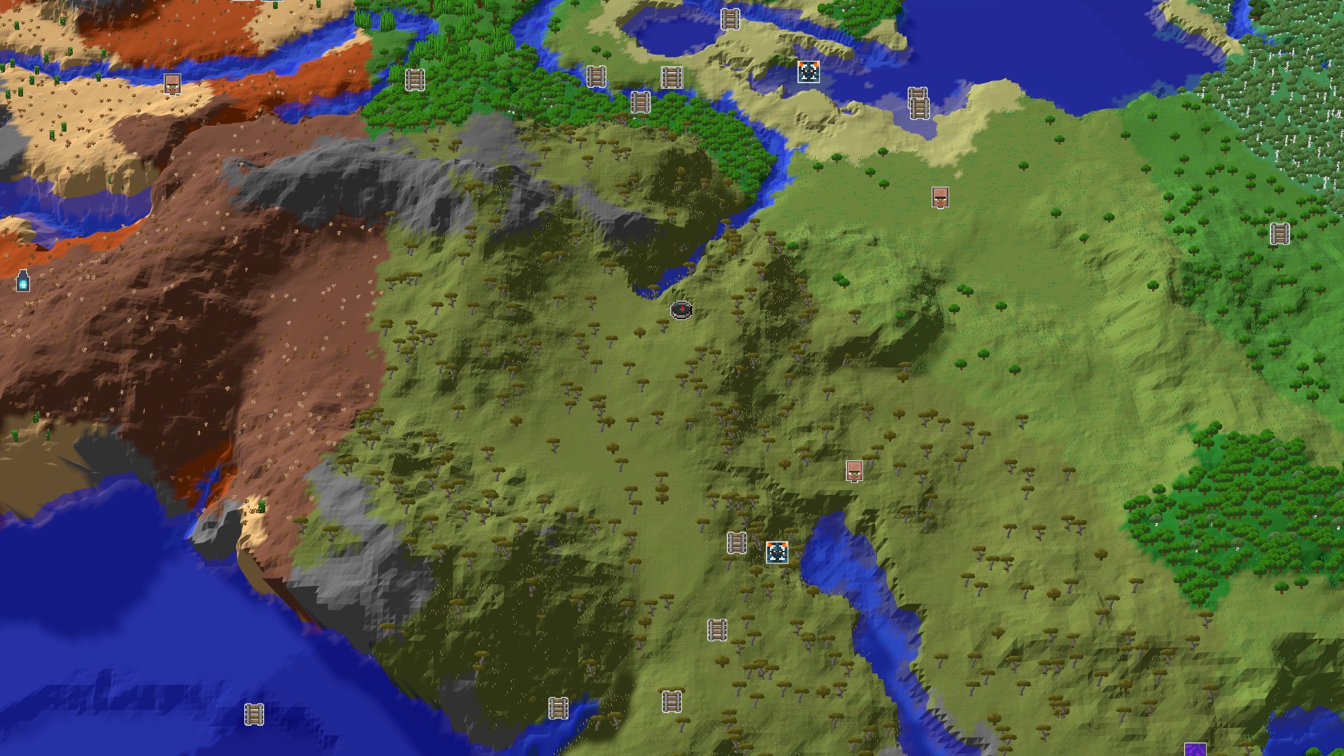 Aerial Minecraft seed map — Savanna Start with Nearby Geode and Badlands