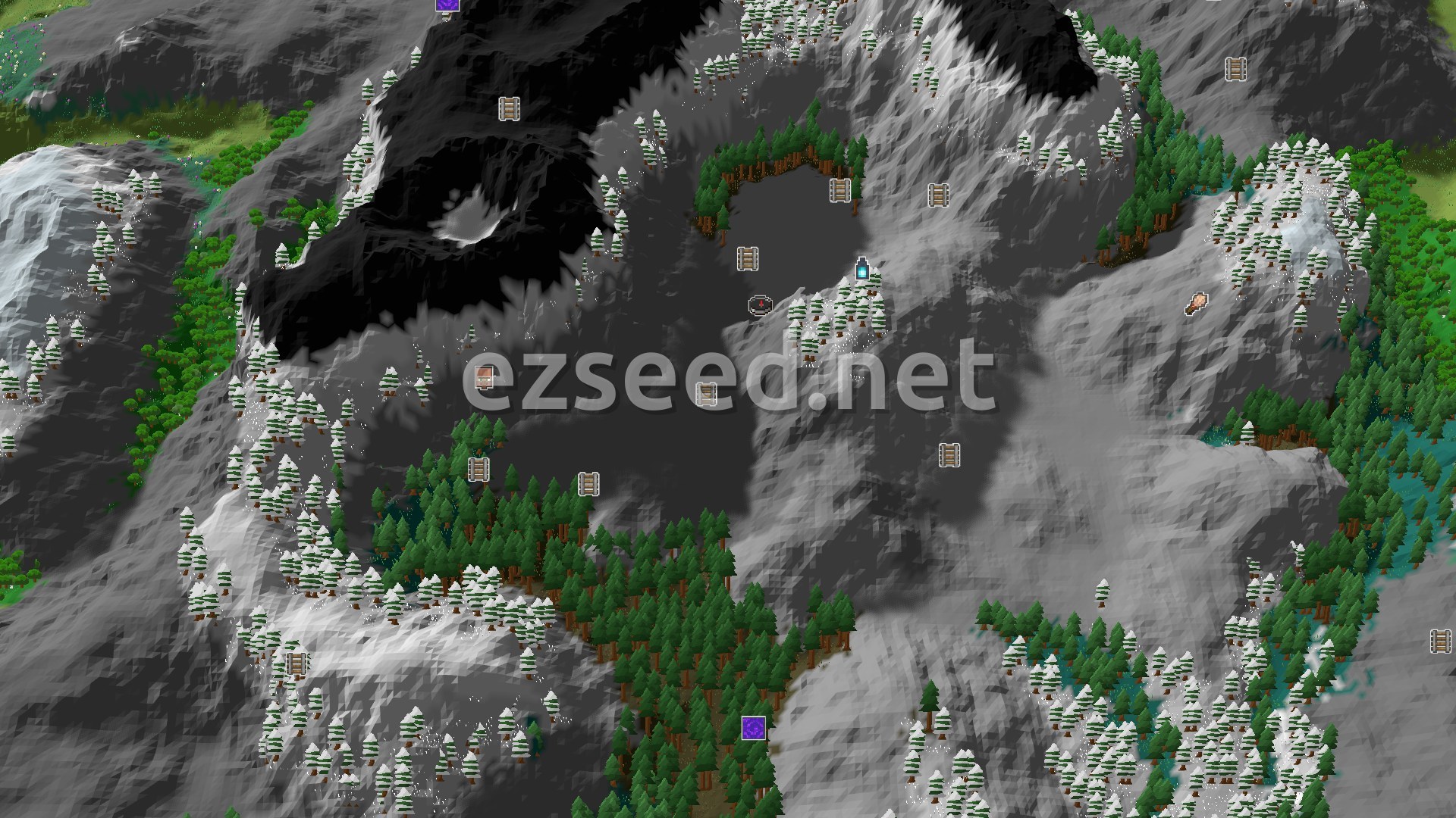 Aerial Minecraft seed map — Deep Mountain Valley and Underground Treasures