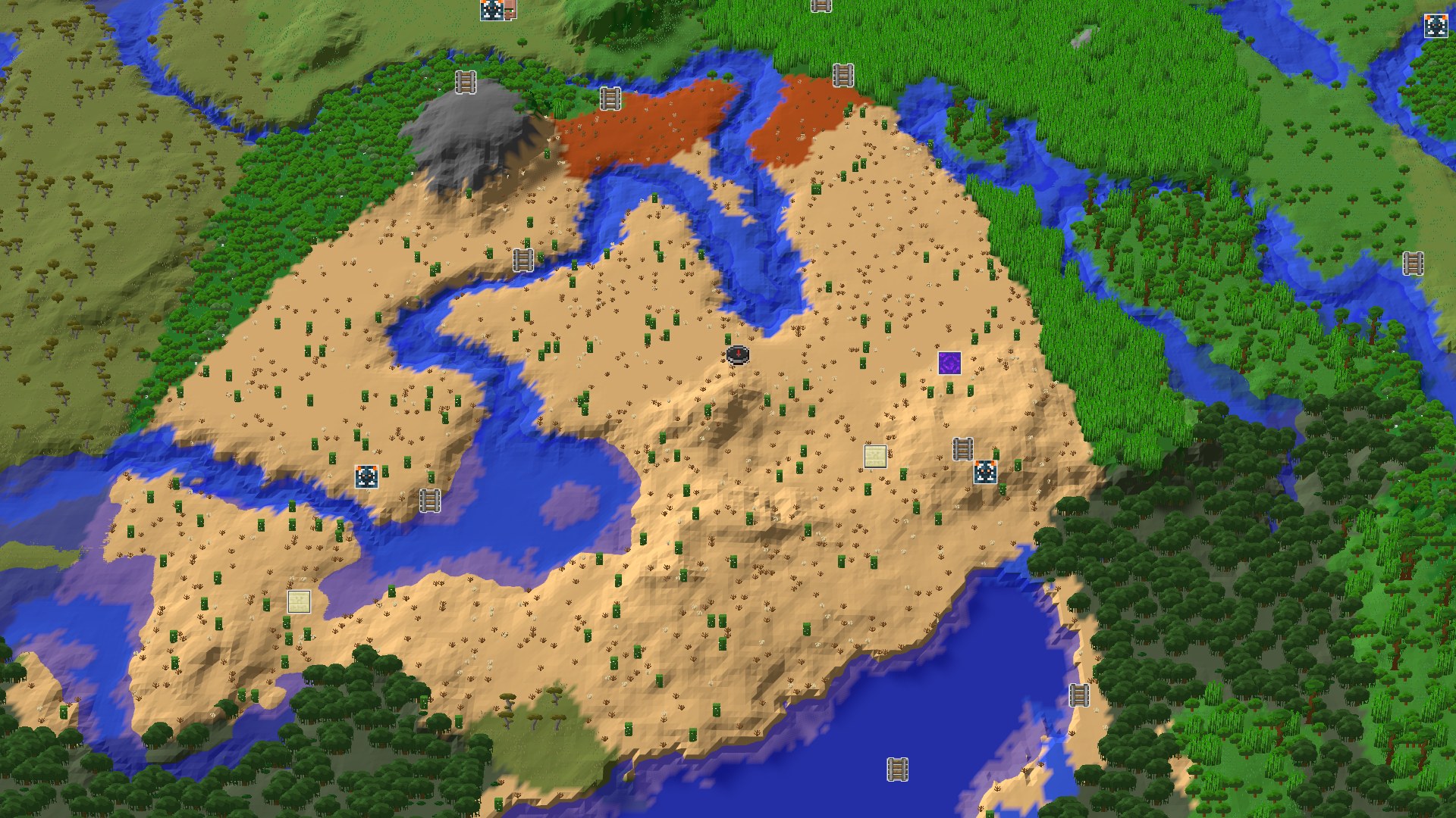 A bird's-eye view of a desert landscape with scattered cacti and a winding river. To the north, a dark-colored mountain and red badlands are visible, while lush green jungles and forests border the desert to the east and south, with hints of ocean.