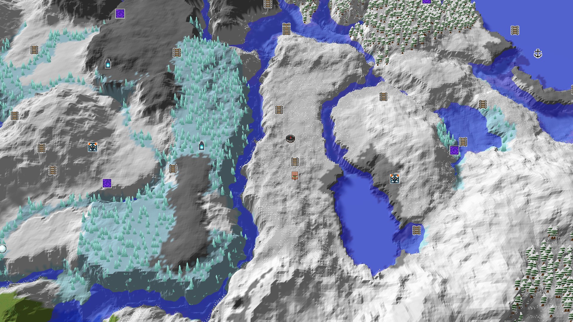 An aerial view of a mostly snowy, mountainous landscape with winding rivers and patches of green forest. A small spawn marker is visible in the center.