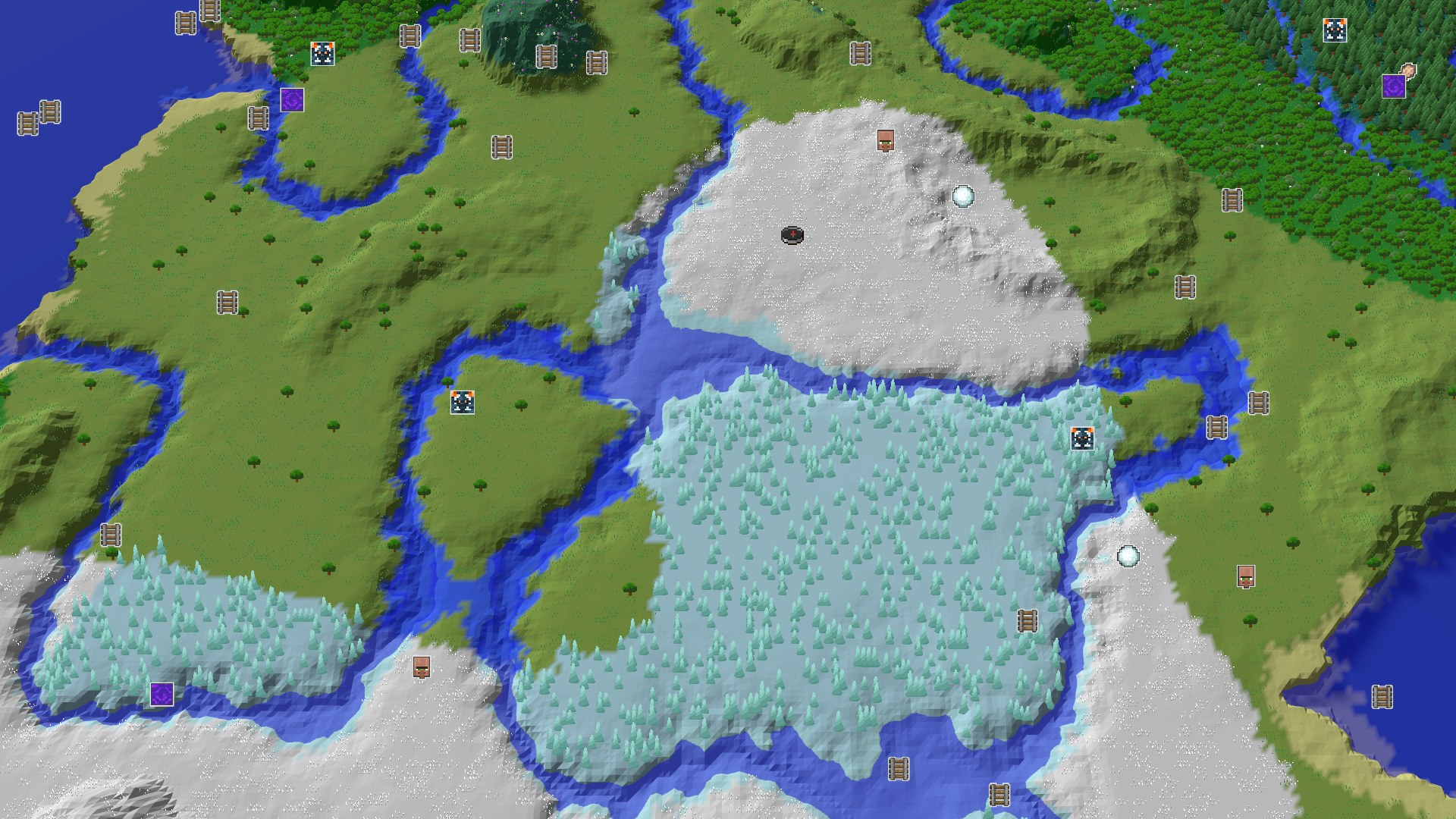 A 3D fly-over of a snowy plains biome at the center, surrounded by icy rivers, a frozen lake with spruce trees, and green plains with scattered trees to the west and north. Hills and a forest are visible further north.