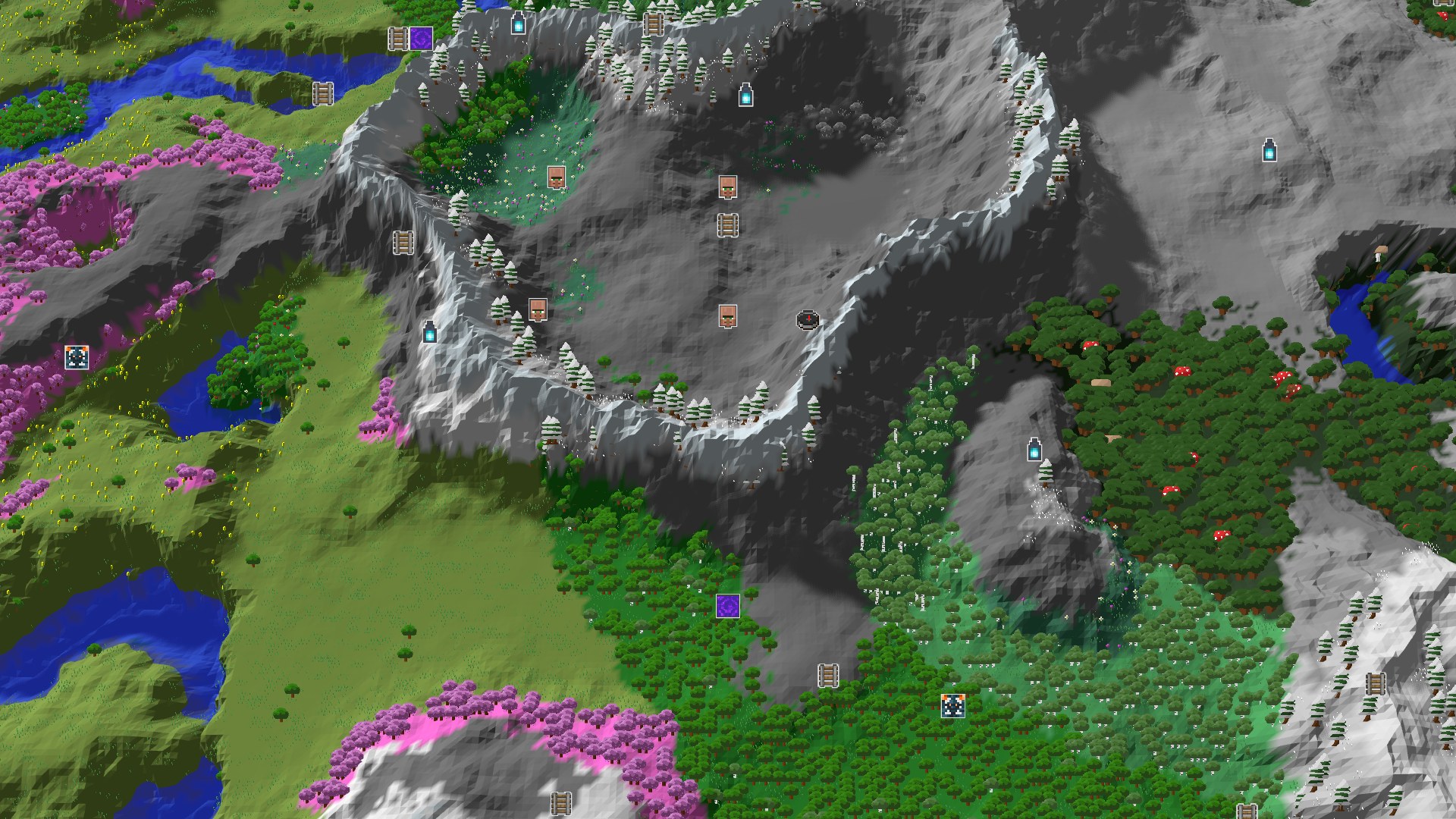 Aerial Minecraft seed map — Spawn in a Grove, With a Village Right Next Door