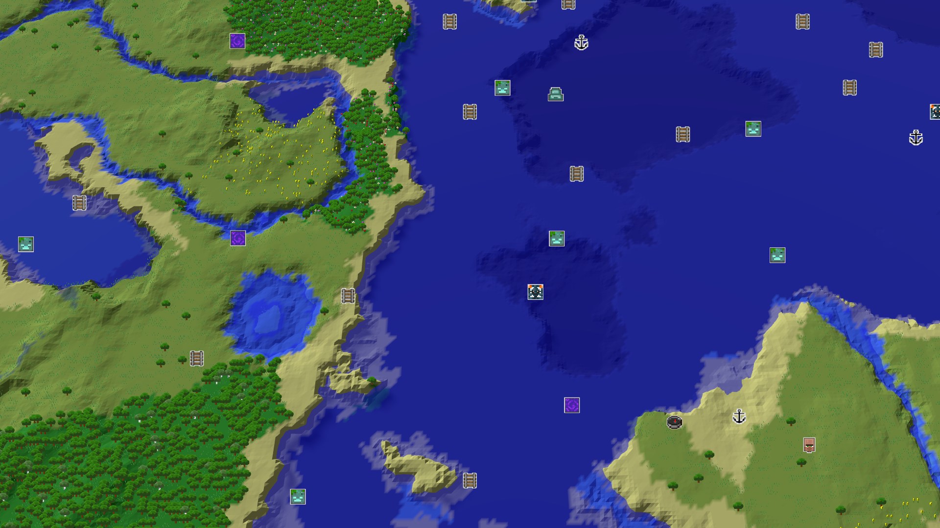 Aerial Minecraft seed map — Spawn Near Ocean, Plains, and a Handy Amethyst Geode