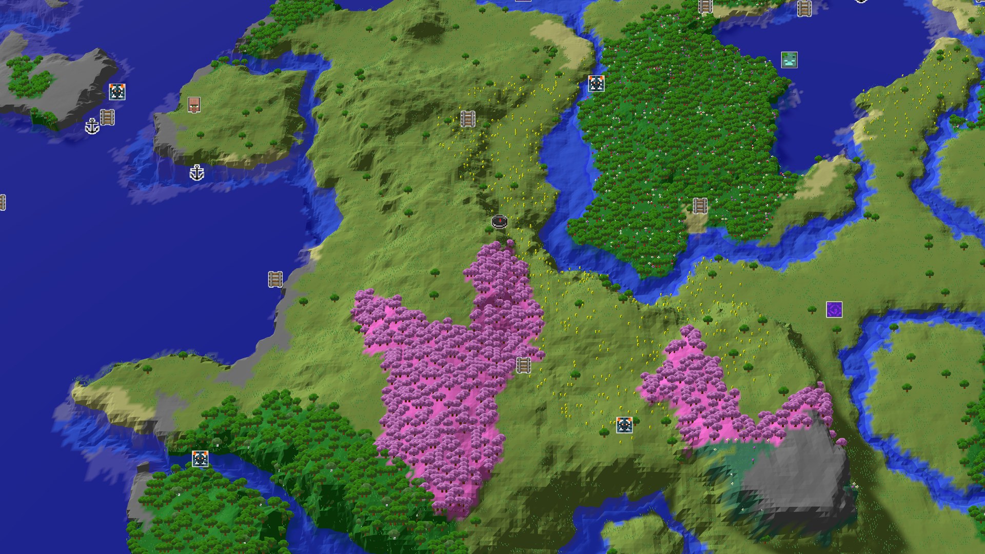 Aerial Minecraft seed map — Cherry Grove and Geode Near a Plains Spawn