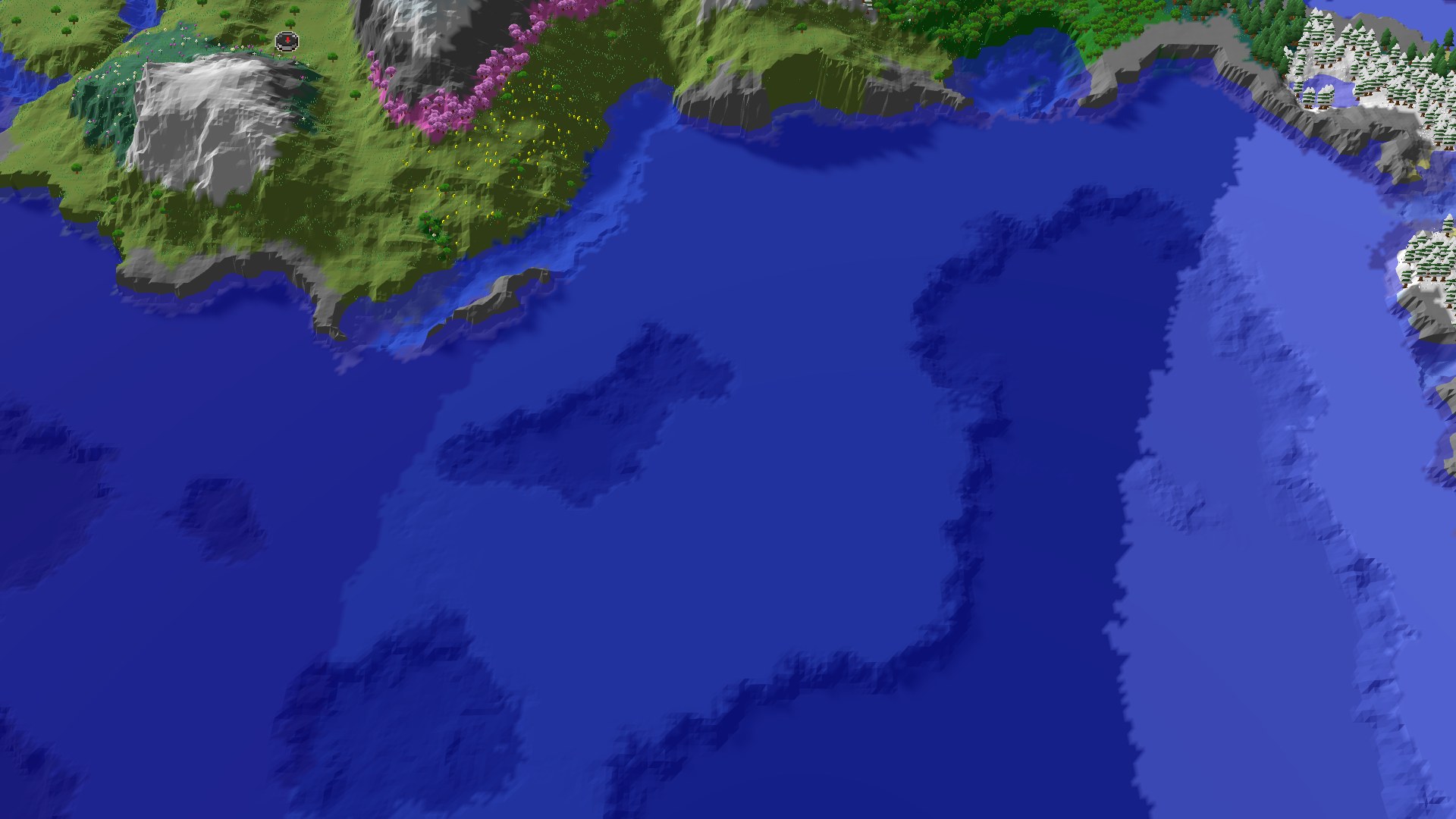 An aerial view of a varied landscape, showing green meadows and forests, a snow-capped mountain, a pink-leafed cherry grove, and a large ocean with some dark deep-water sections.