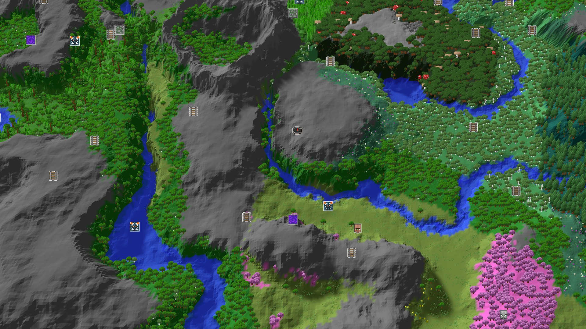 Aerial Minecraft seed map — A Lush Valley Spawn with Nearby Cherry Blossoms