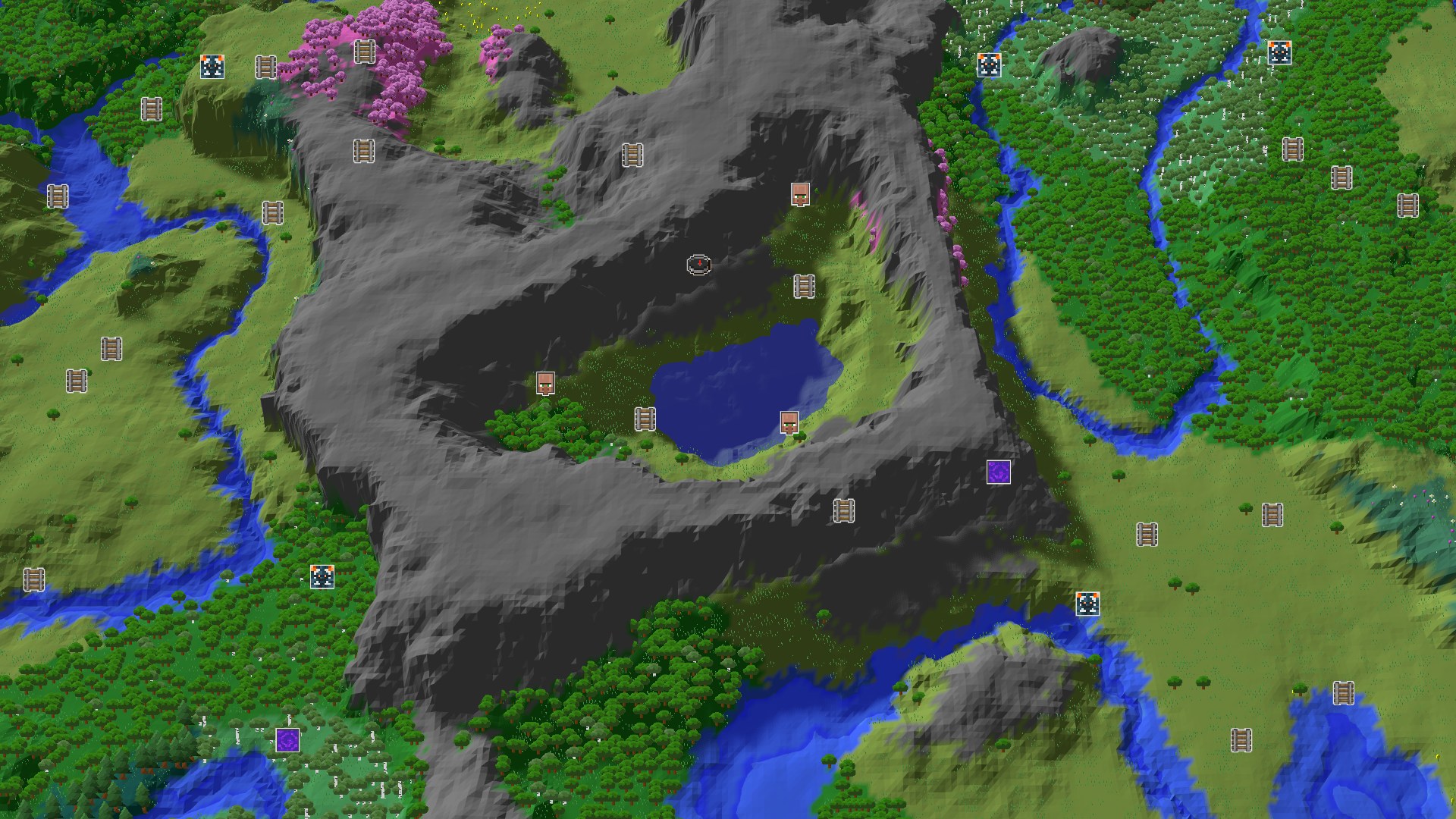 An overhead view of a Minecraft world showing a central lake surrounded by grey mountains and green forests, with pink cherry trees visible on some slopes.