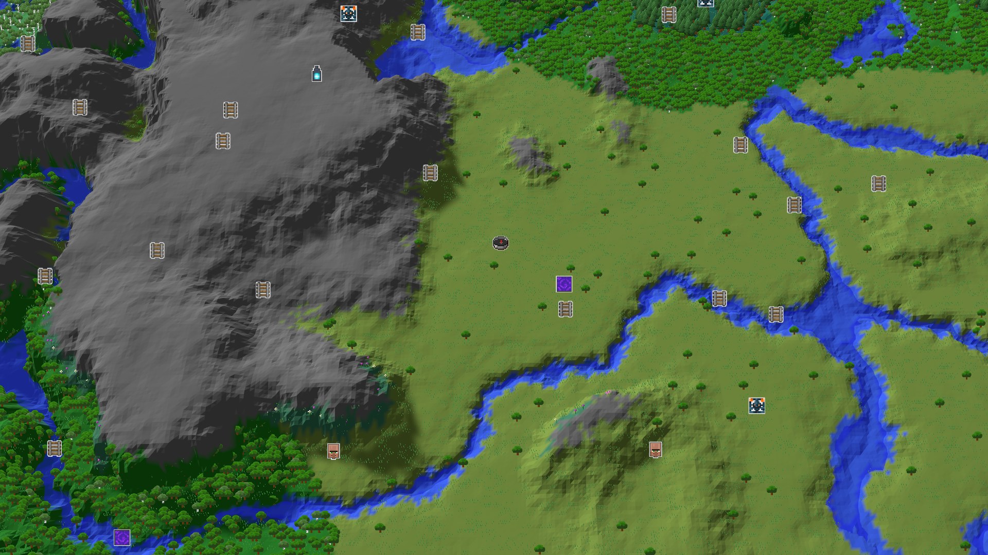 An overhead view of a green plains biome with scattered trees, a winding river, and a large gray mountainous area to the west, with a small spawn marker in the center.