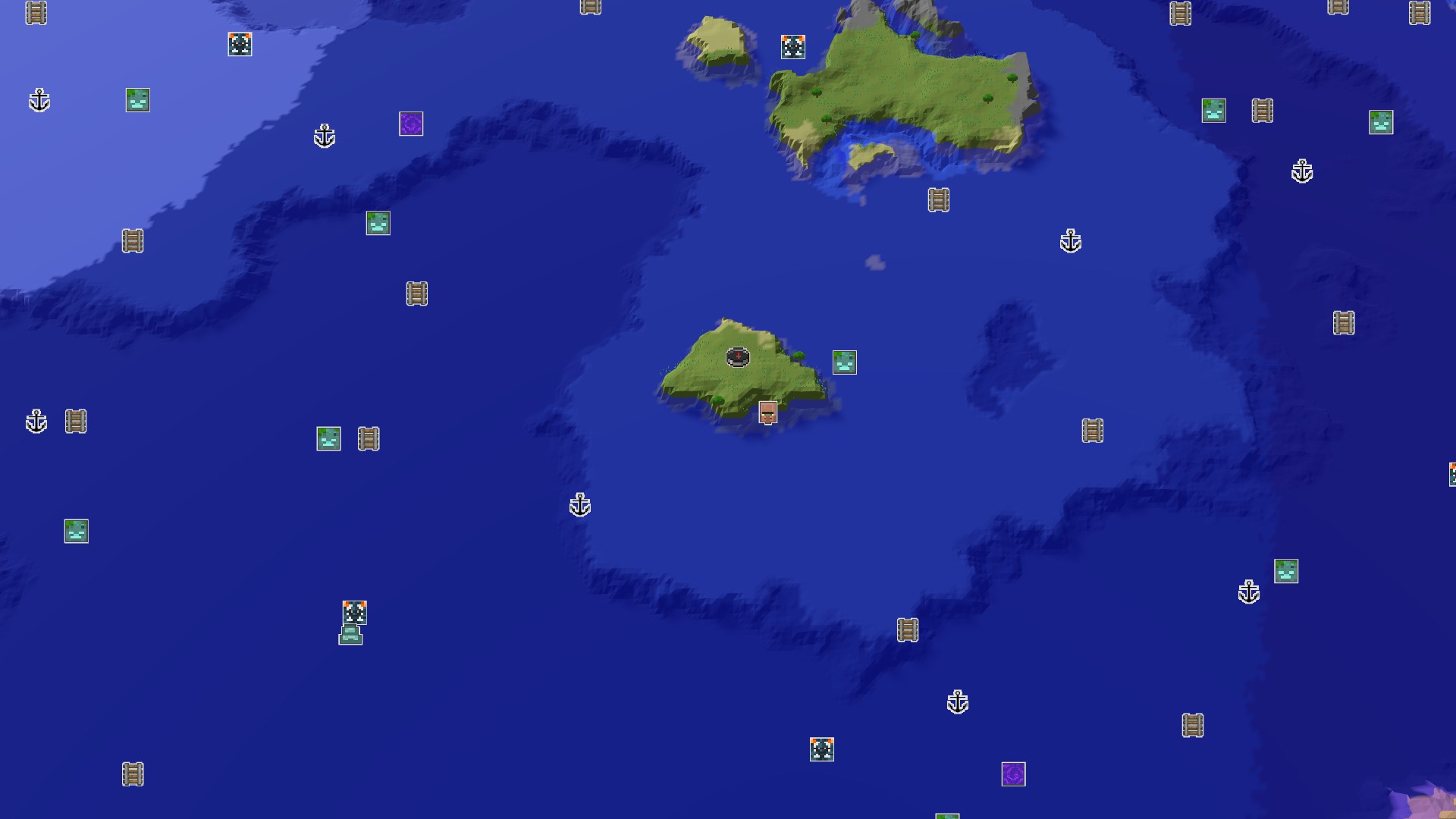 Aerial Minecraft seed map — Island Start with Nearby Village and Geode