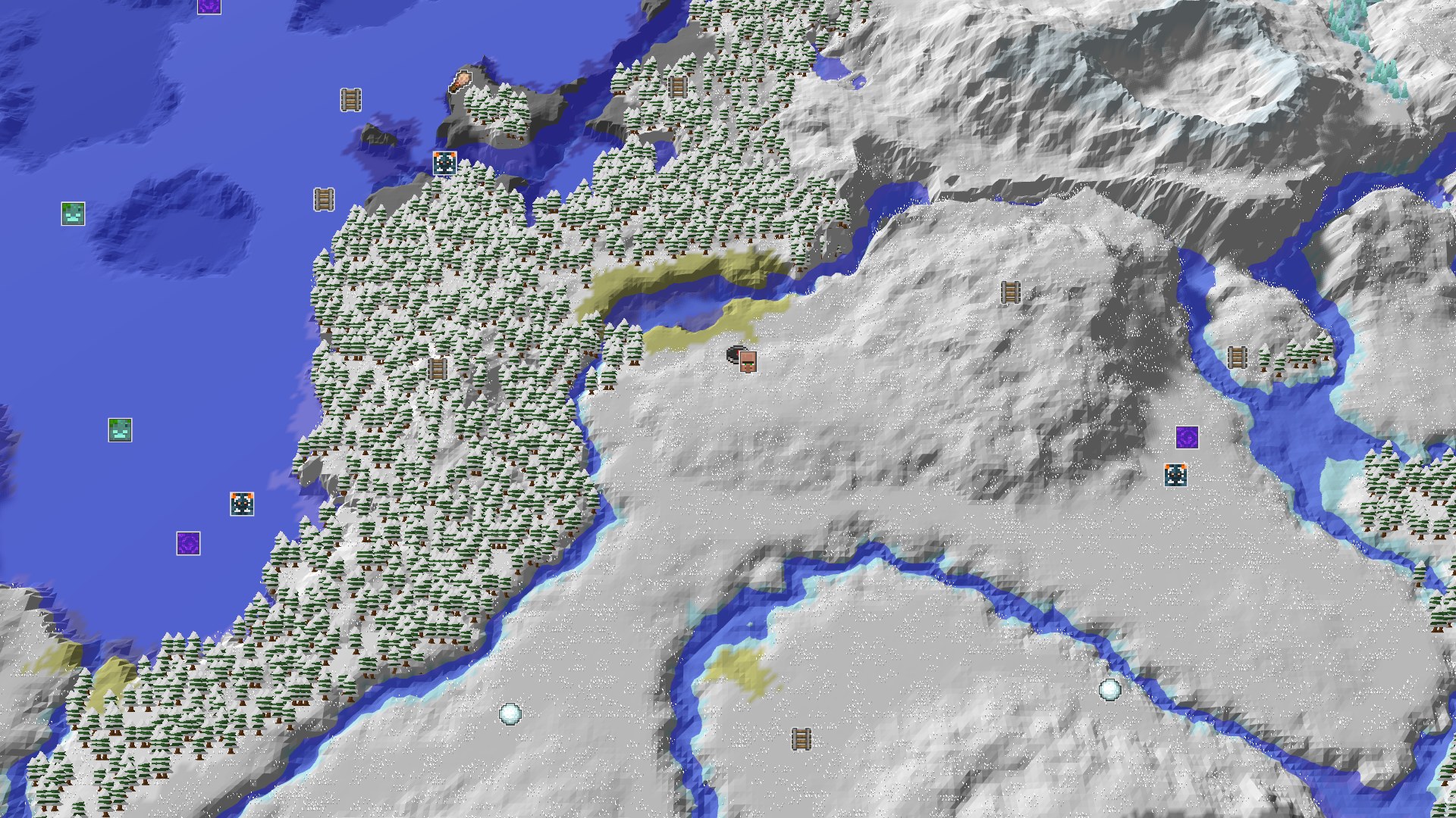 Aerial Minecraft seed map — A Quick Village Start in a Snowy Peaks World