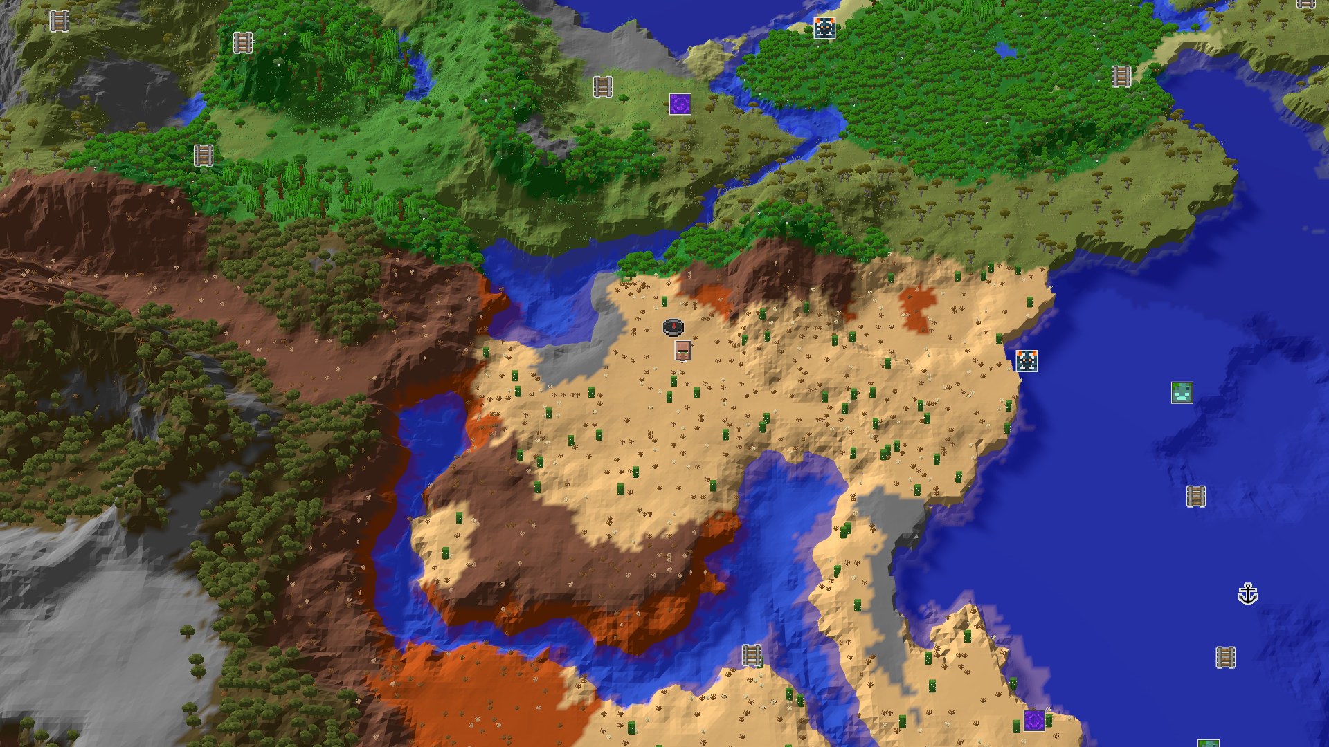 Aerial Minecraft seed map — Desert Spawn with Nearby Geode and Village