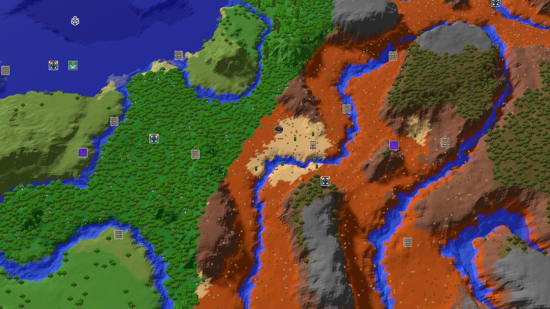 Aerial Minecraft seed map — Desert Spawn with a Nearby Amethyst Geode and Village