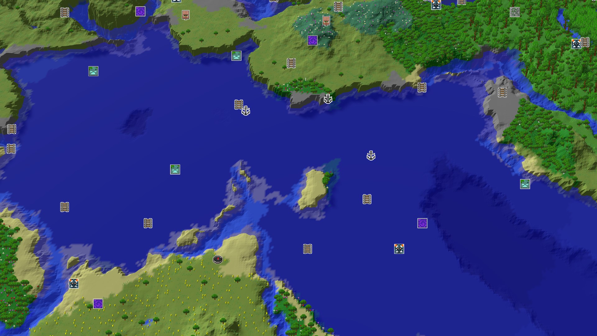 Aerial Minecraft seed map — A Quiet Coastal Start with Nearby Treasures