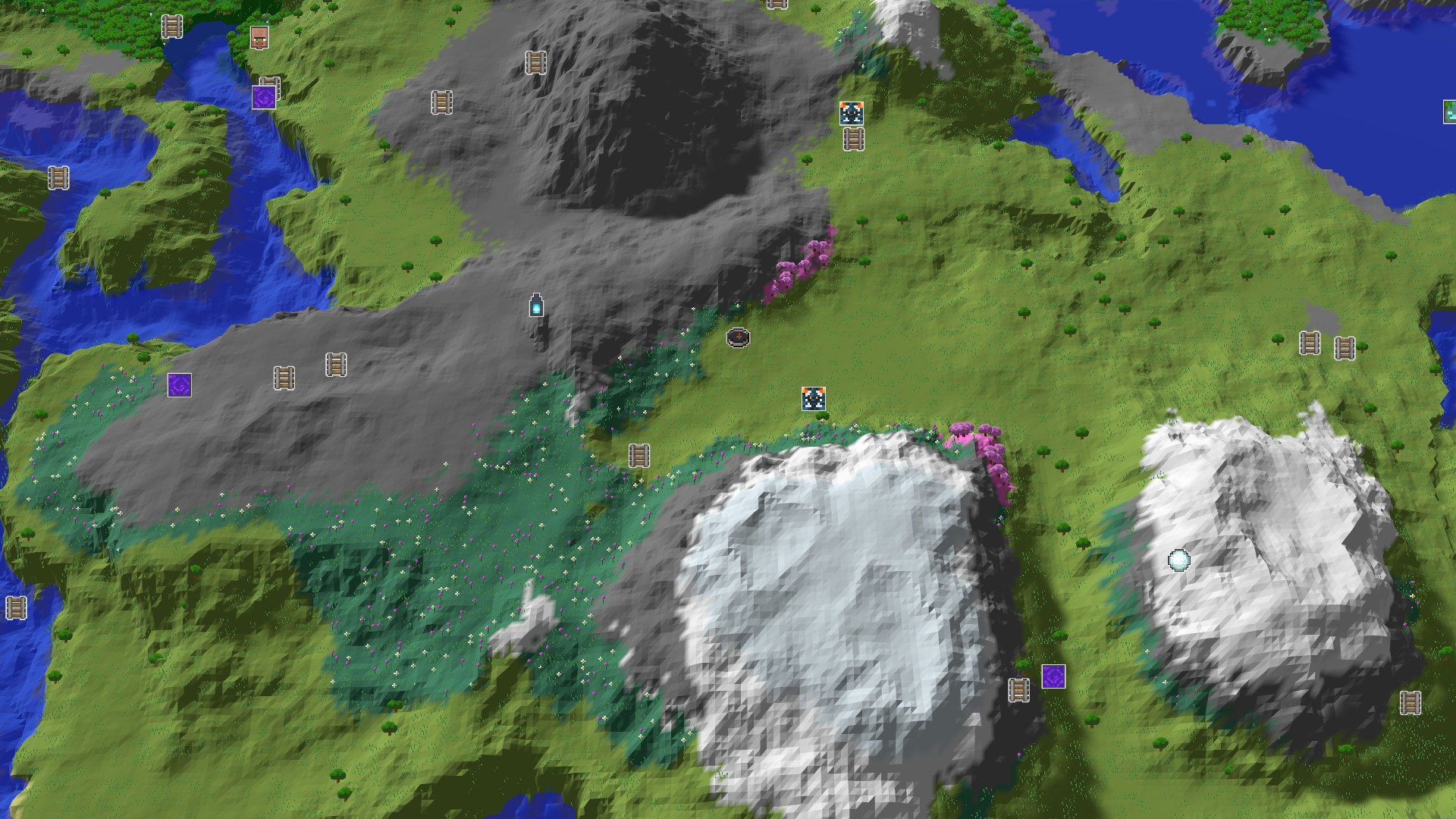 Aerial Minecraft seed map — Spawn in Plains, Ancient City and Peaks Nearby