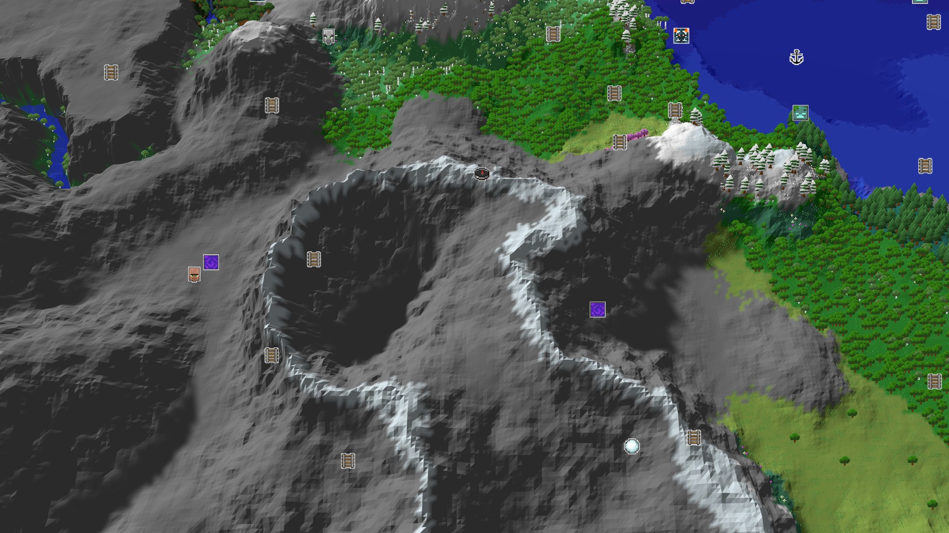 Aerial Minecraft seed map — Frozen Peaks with Quick Amethyst and a Distant Village