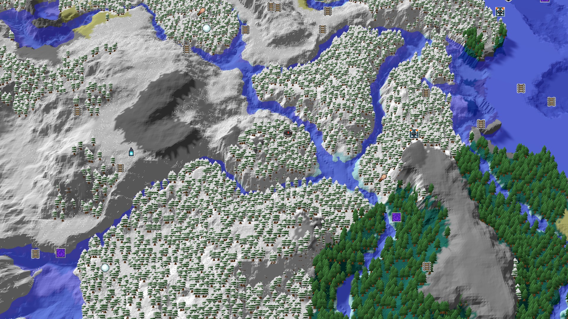 An overhead view of a snow-covered mountainous landscape crisscrossed by frozen rivers, with dense snowy taiga forests and patches of exposed rock.