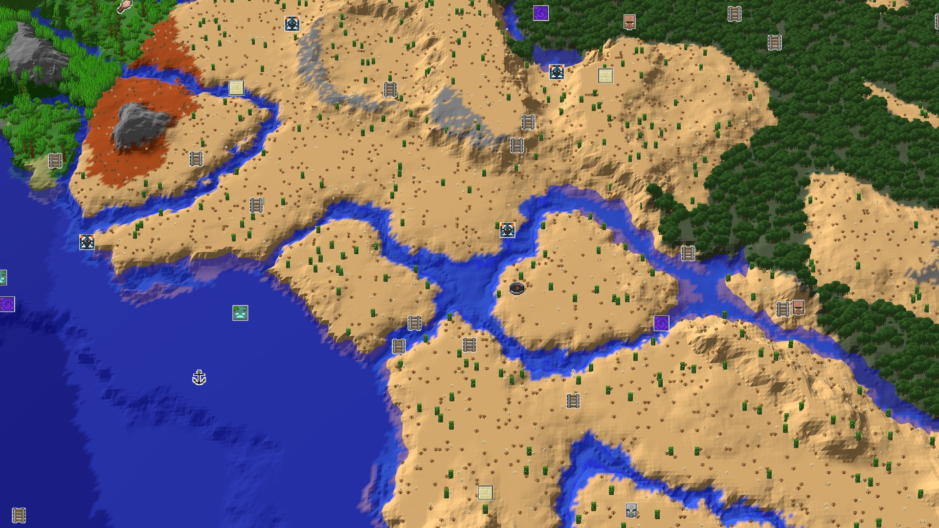 Aerial Minecraft seed map — Desert Spawn with a Quick Amethyst Geode