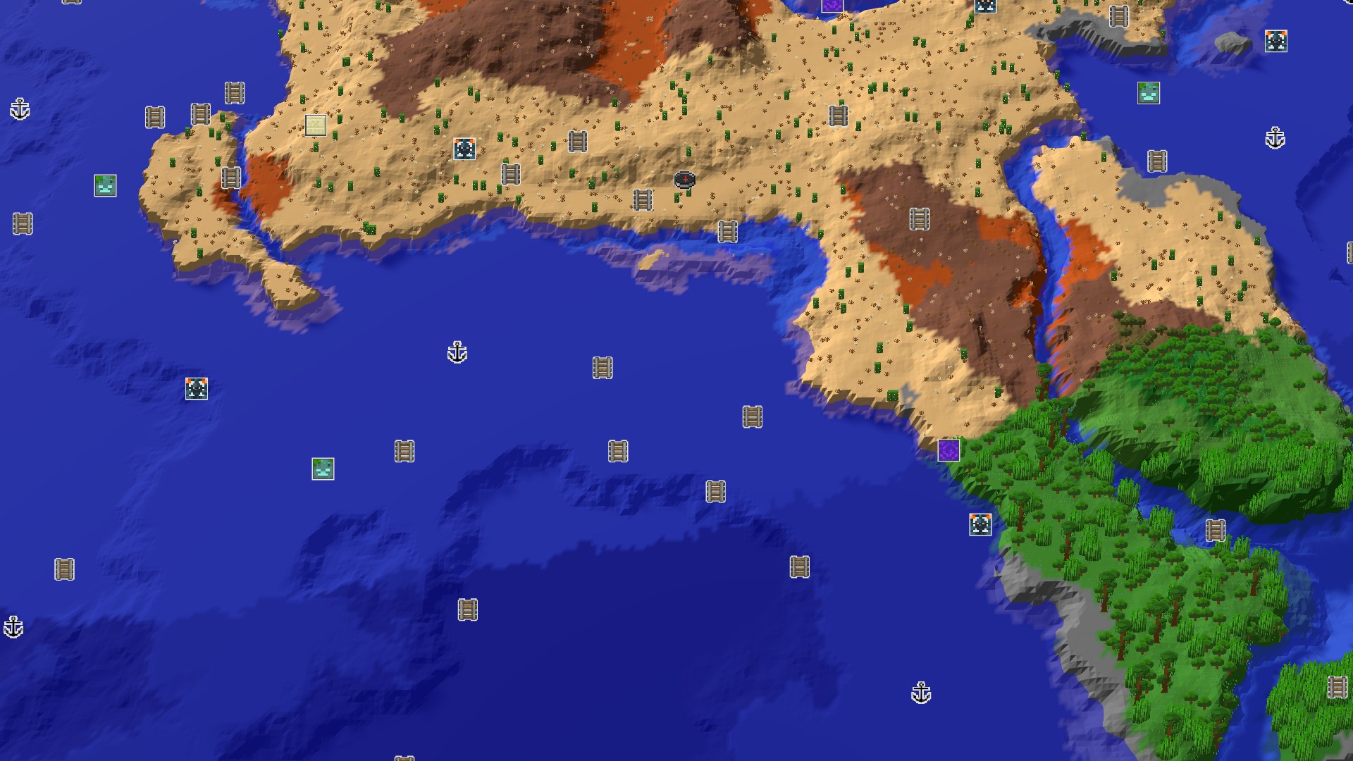 Aerial Minecraft seed map — Desert Spawn with Nearby Badlands and Warm Ocean