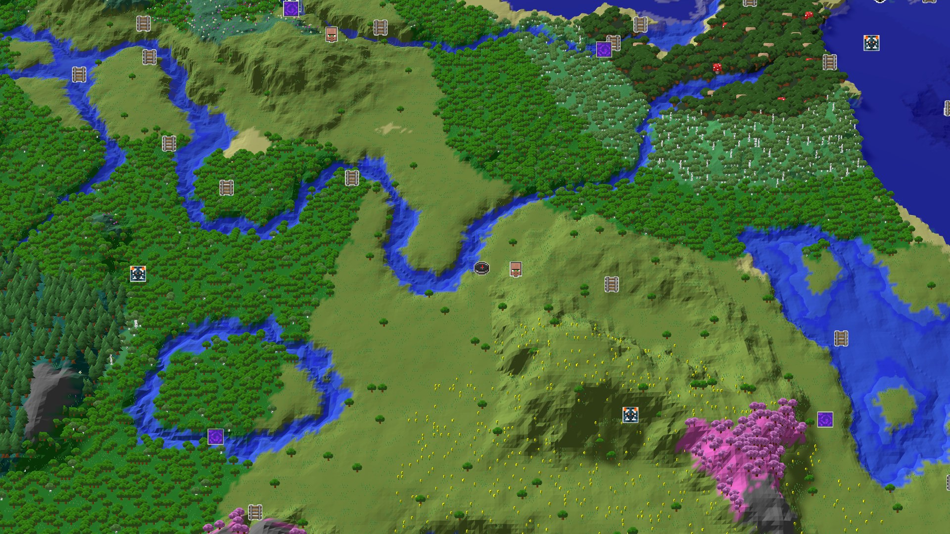 A 3D fly-over of a varied landscape, showing spawn in a plains biome, bordered by a winding river, dense forests, and a distinct pink cherry grove in the distance. Hills rise to the west and north, with patches of a lighter-colored forest and some darker ocean waters visible to the northeast.