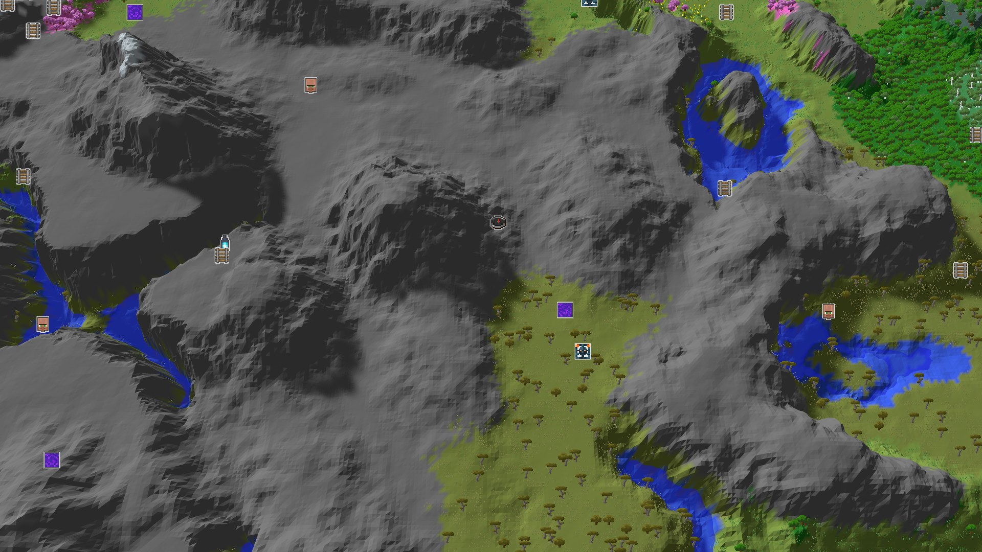 A 3D overhead view of a savanna biome with sparse trees, bordered by tall, rocky mountains. Several patches of water are visible within the mountainous terrain.