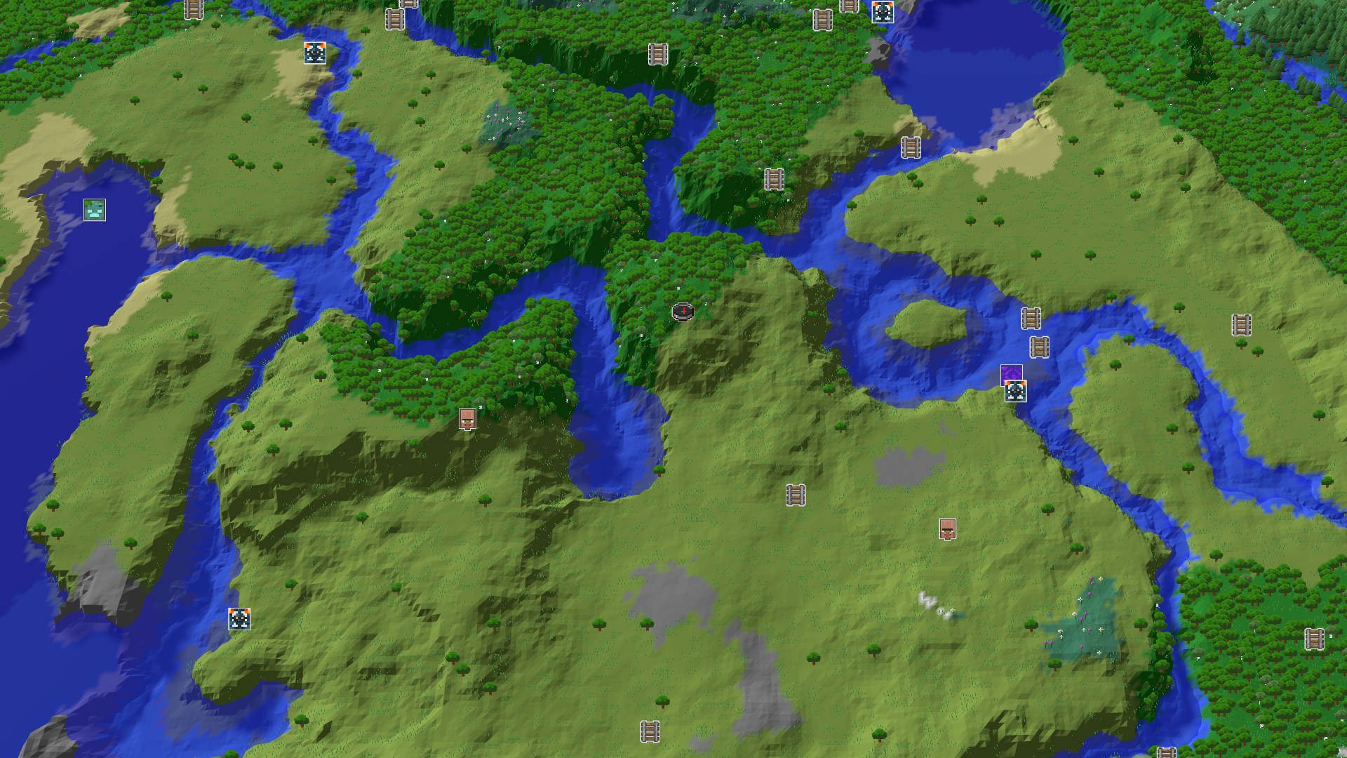 An overhead 3D view of a mostly flat, green landscape with a network of blue rivers and scattered forests. A small marker indicates the spawn point near the center.