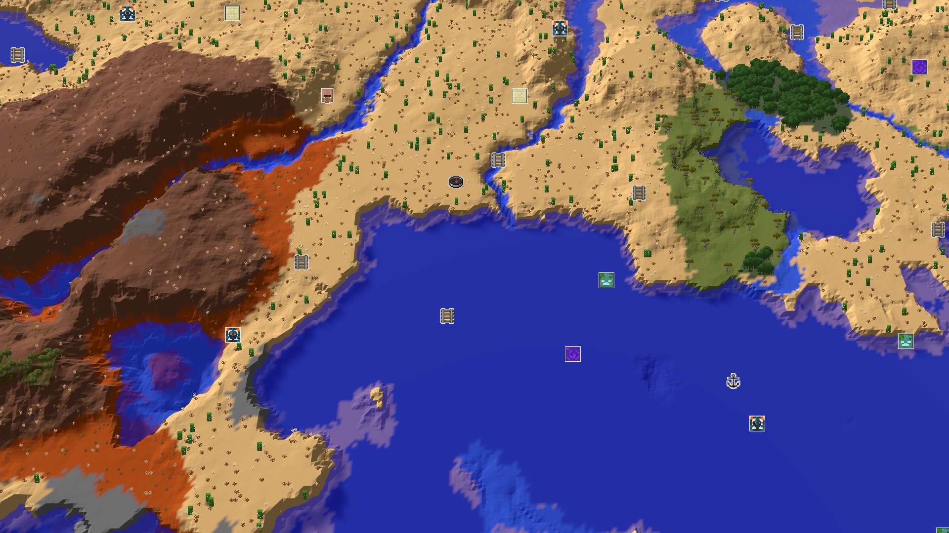 Aerial Minecraft seed map — Desert Spawn with Nearby Badlands and Warm Ocean