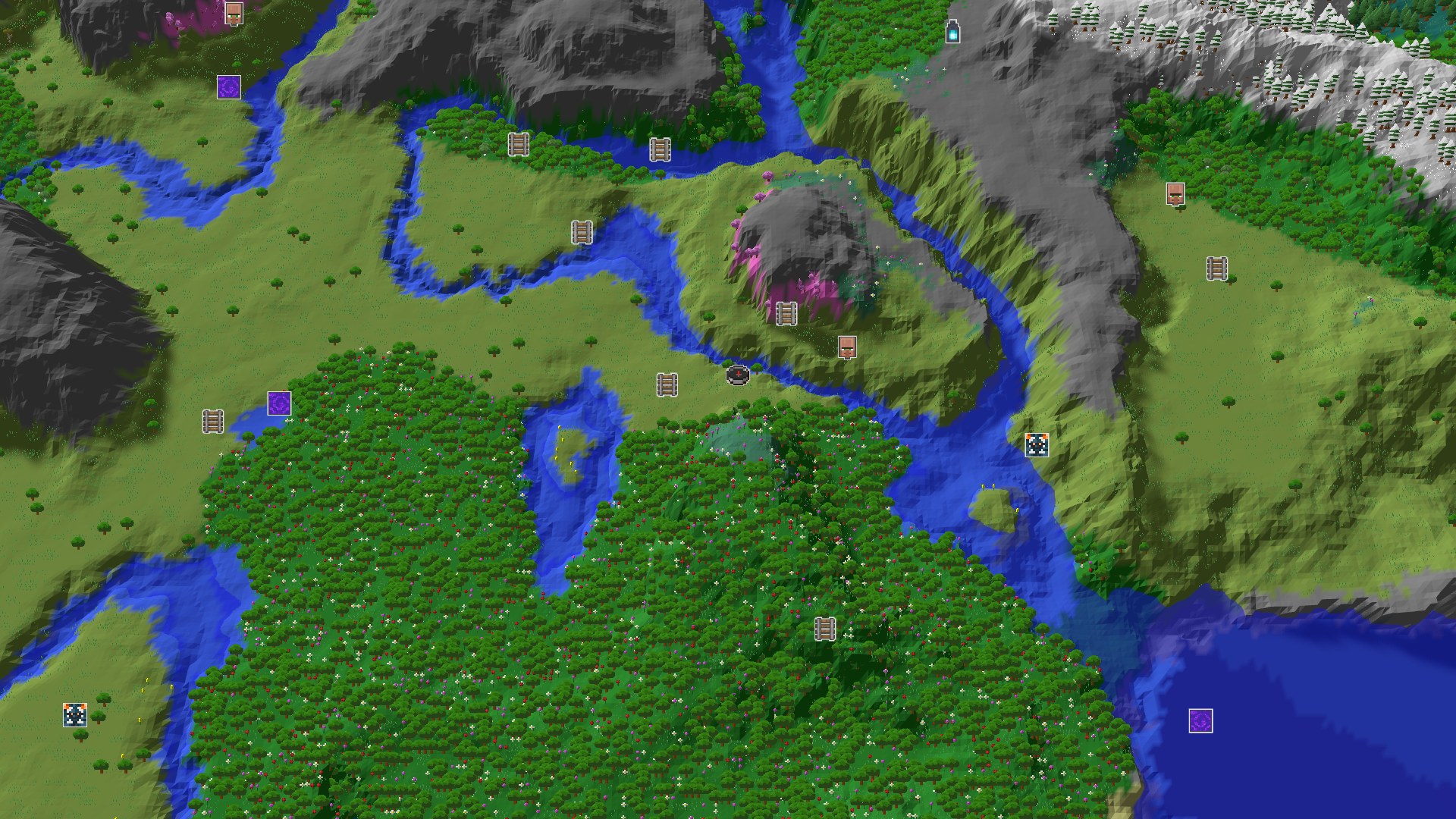 Aerial Minecraft seed map — A Valley of Plains, Flowers, and Nearby Mineshaft