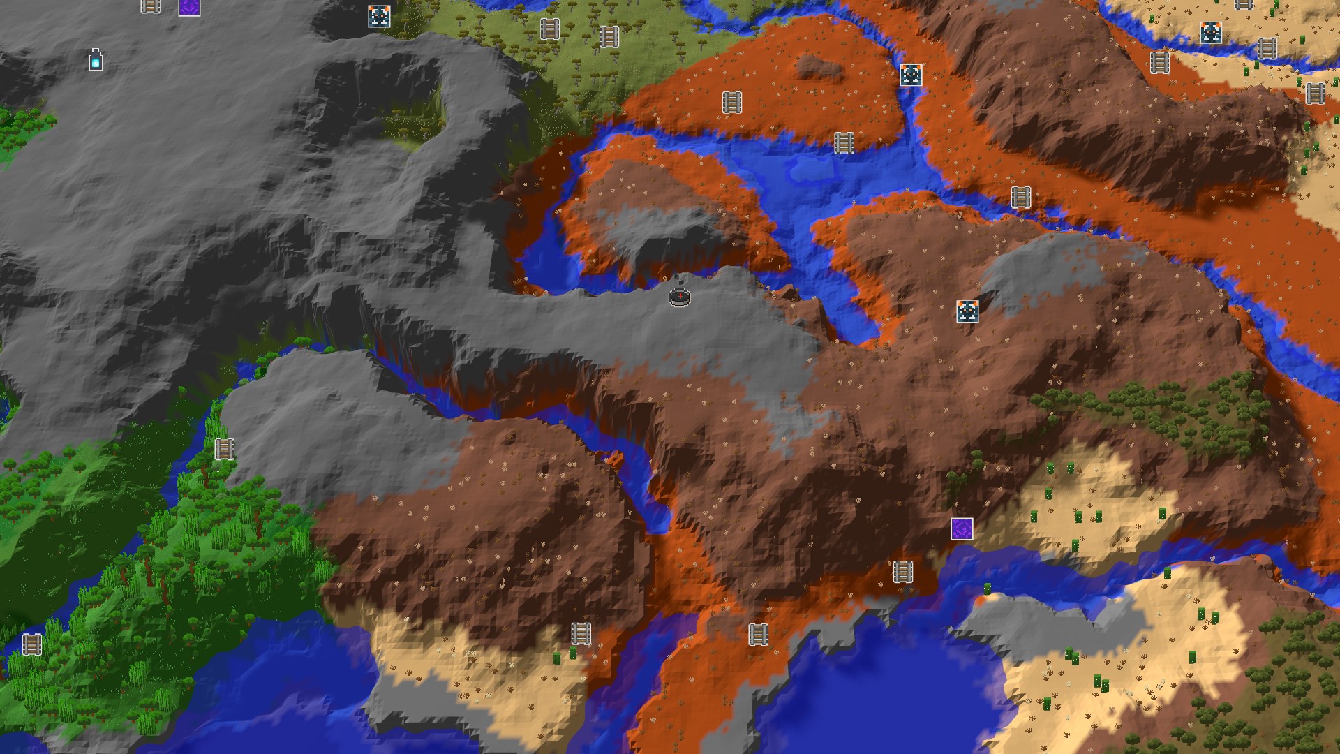 Aerial Minecraft seed map — Spawn in a Valley of Eroded Badlands