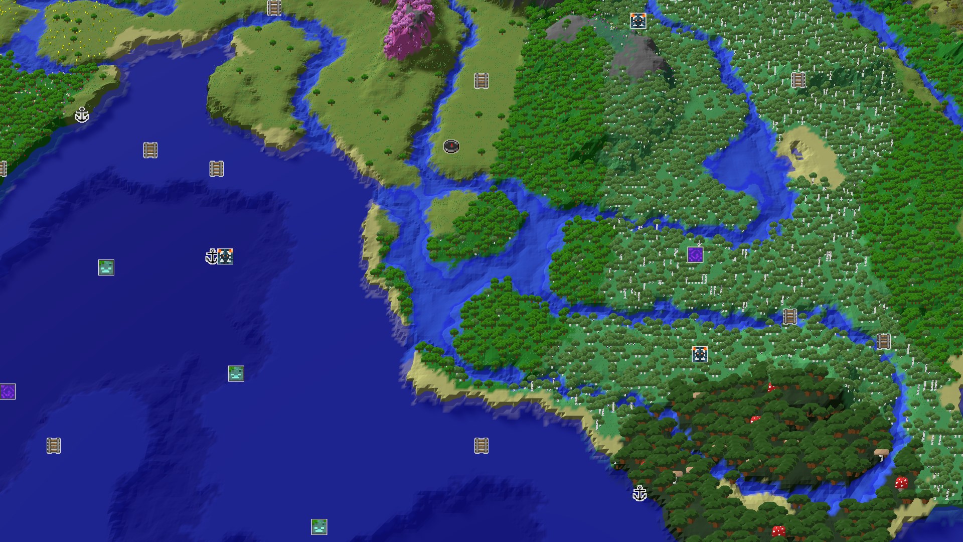 Aerial Minecraft seed map — A River Runs Through It: Plains, Forests, and Ocean