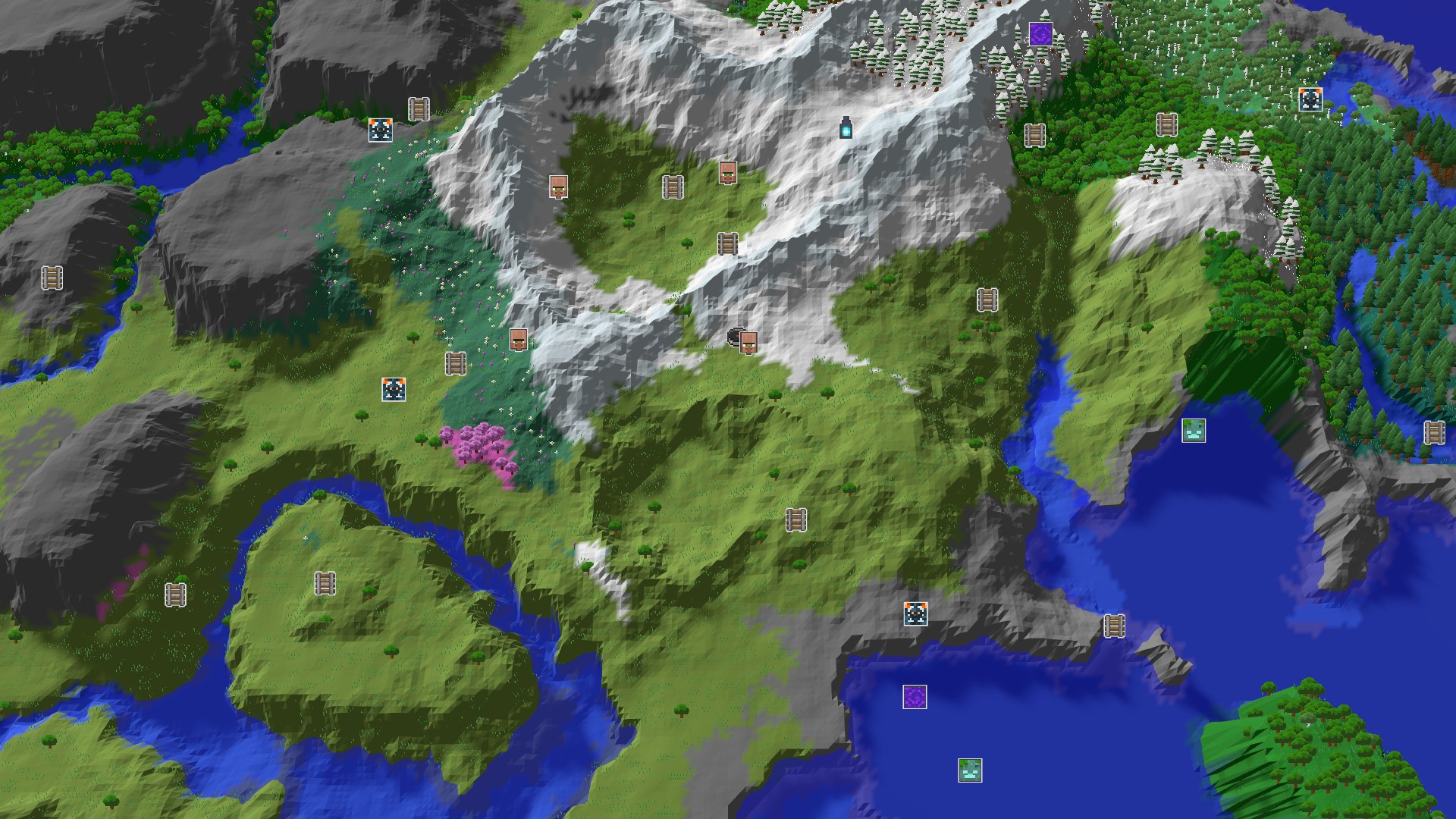 Aerial Minecraft seed map — A village and icy peaks near spawn, with a distant Cherry Grove