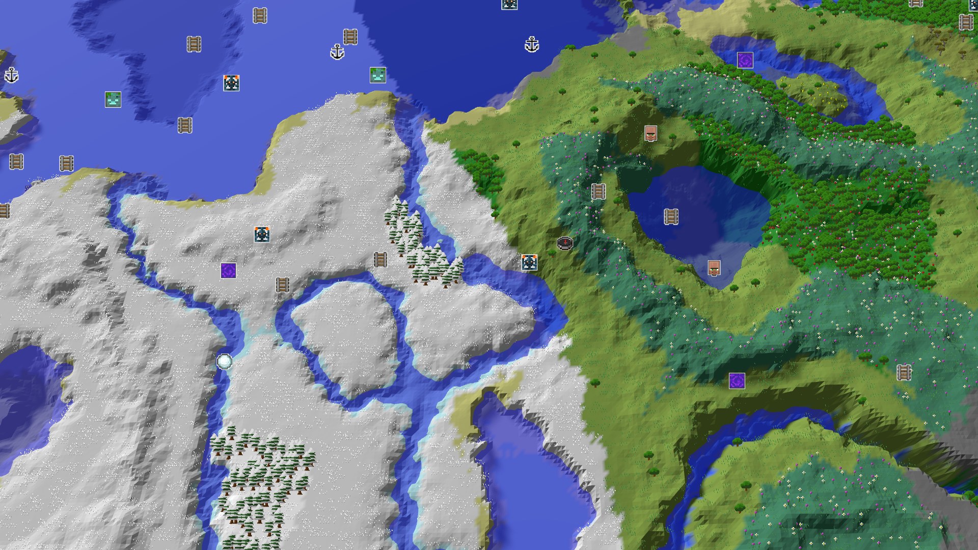 Aerial Minecraft seed map — Spawn Near a Trial Chambers and Amethyst Geode
