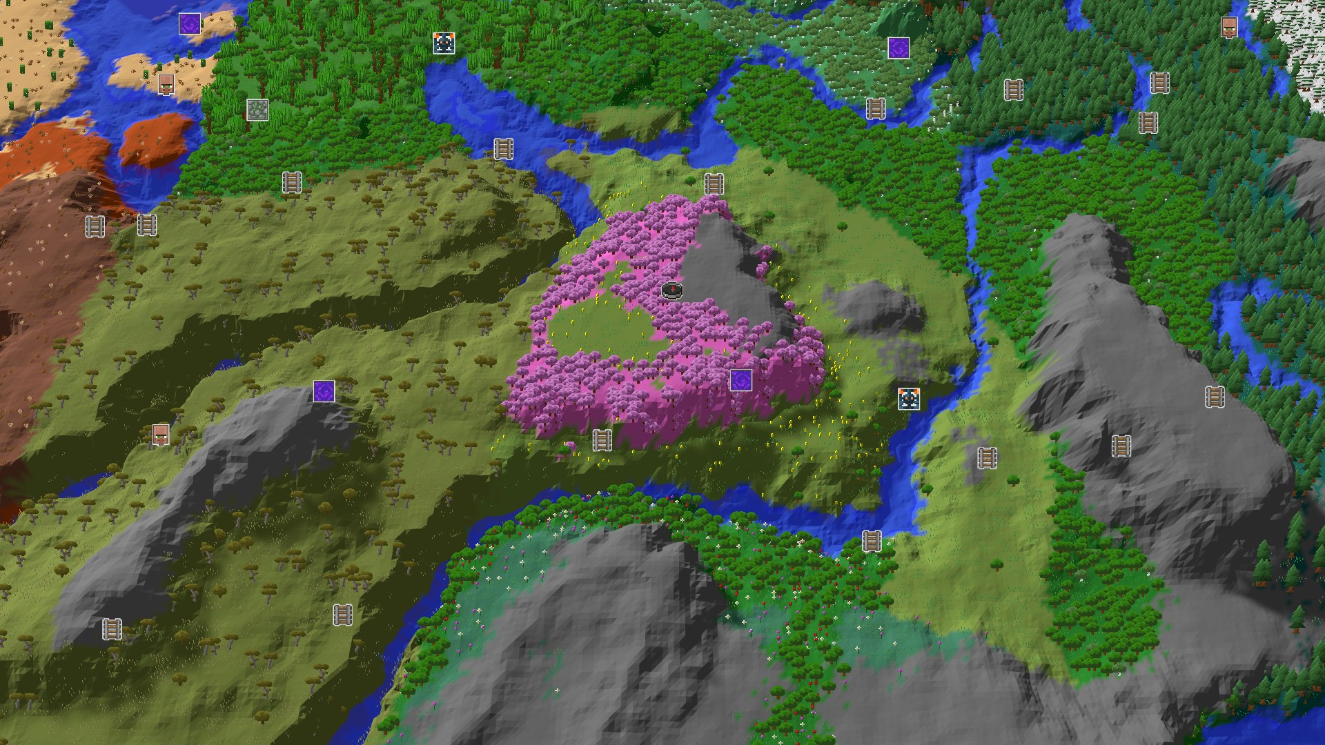 Aerial Minecraft seed map — A Cherry Grove Start with Nearby Adventure