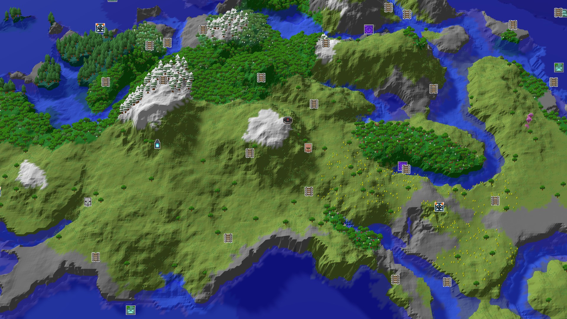 Aerial Minecraft seed map — Snowy Peaks and a Village Start