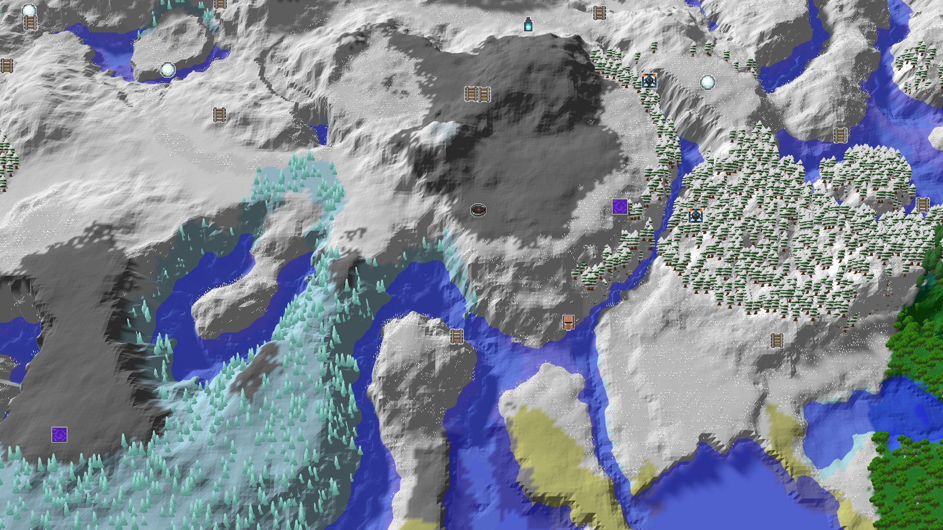 Aerial Minecraft seed map — Snowy Mountains and Nearby Amethyst in a Cold World