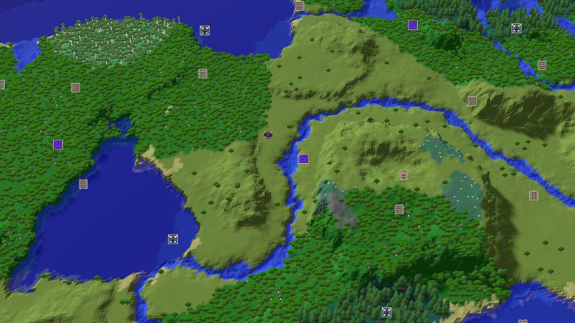 An aerial view of a mostly green landscape with patches of trees, some rolling hills, and a prominent river winding through the center. A large body of water is visible to the west and north. The spawn marker is in a grassy area near the river.