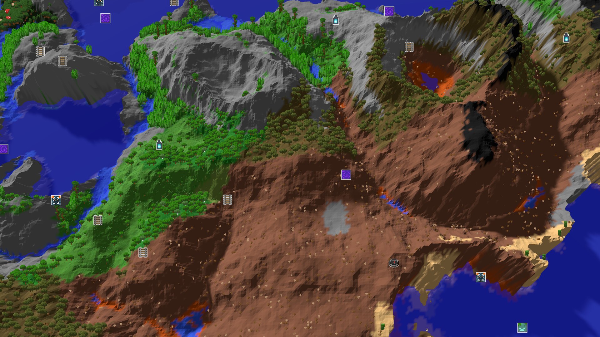 An overhead view of varied terrain featuring reddish badlands, green forests, and blue oceans, with a small white marker indicating the spawn point in the badlands.