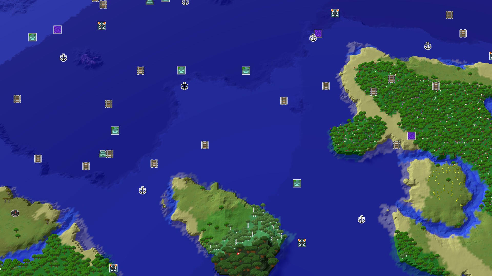 Aerial Minecraft seed map — Ocean-Side Start with an Amethyst Geode Nearby