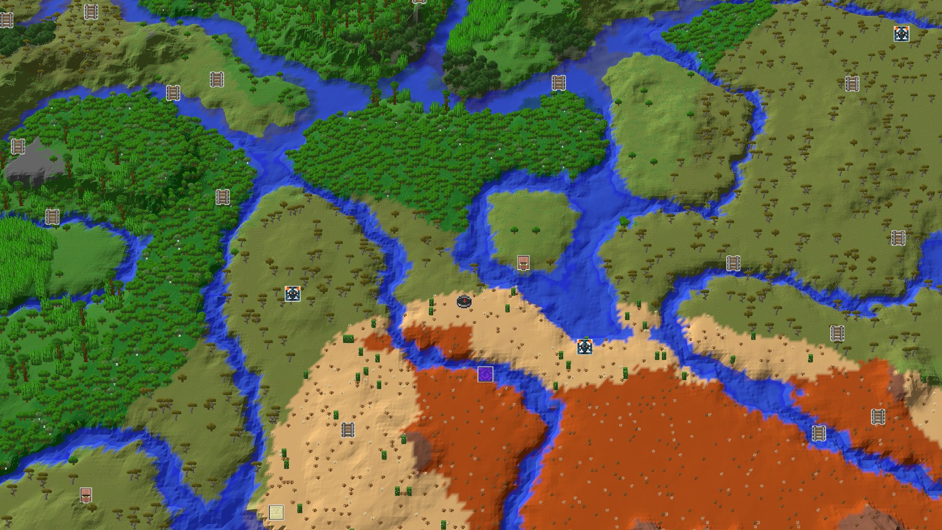 Aerial Minecraft seed map — Desert and Badlands with Close Structures