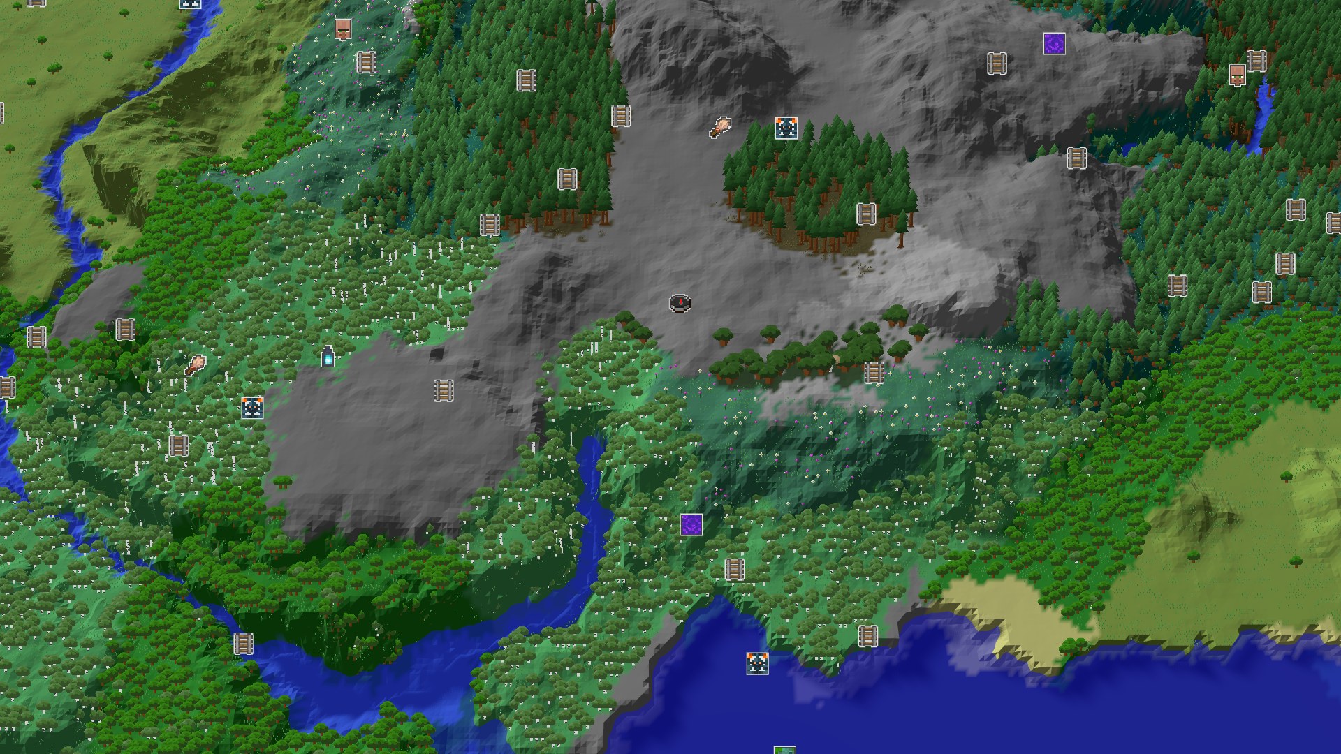 A 3D overhead view of a Minecraft world, showing a dense dark forest at the center, surrounded by varied hills and a river. A small blue spawn marker is visible.