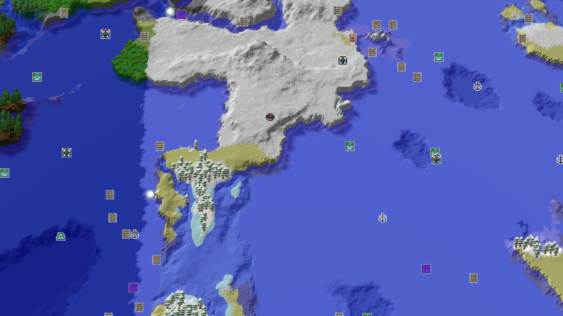 A 3D fly-over render of a snow-covered landscape with a large frozen ocean, snowy plains, and distant forests. A small marker indicates the spawn point.