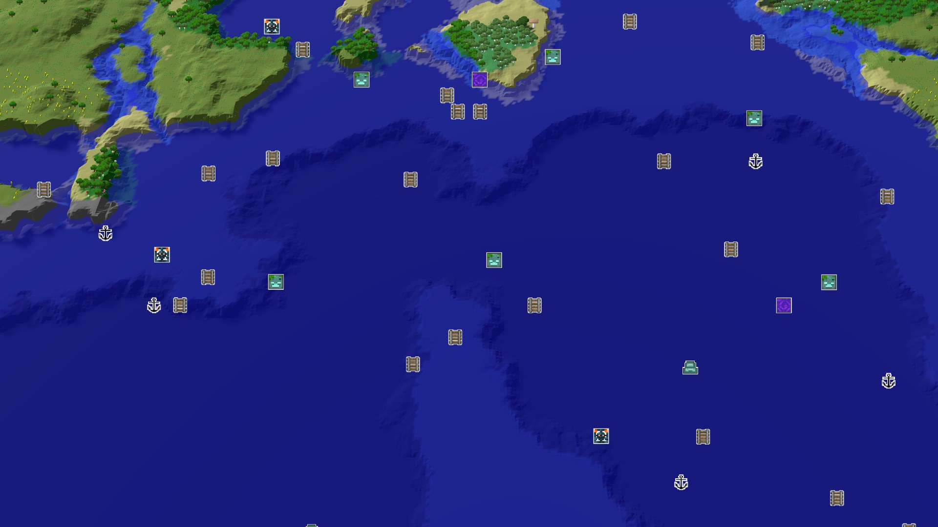 A 3D fly-over of a verdant forest biome with some gentle hills, leading to a large ocean area. A small spawn marker is visible in the center of the forest.