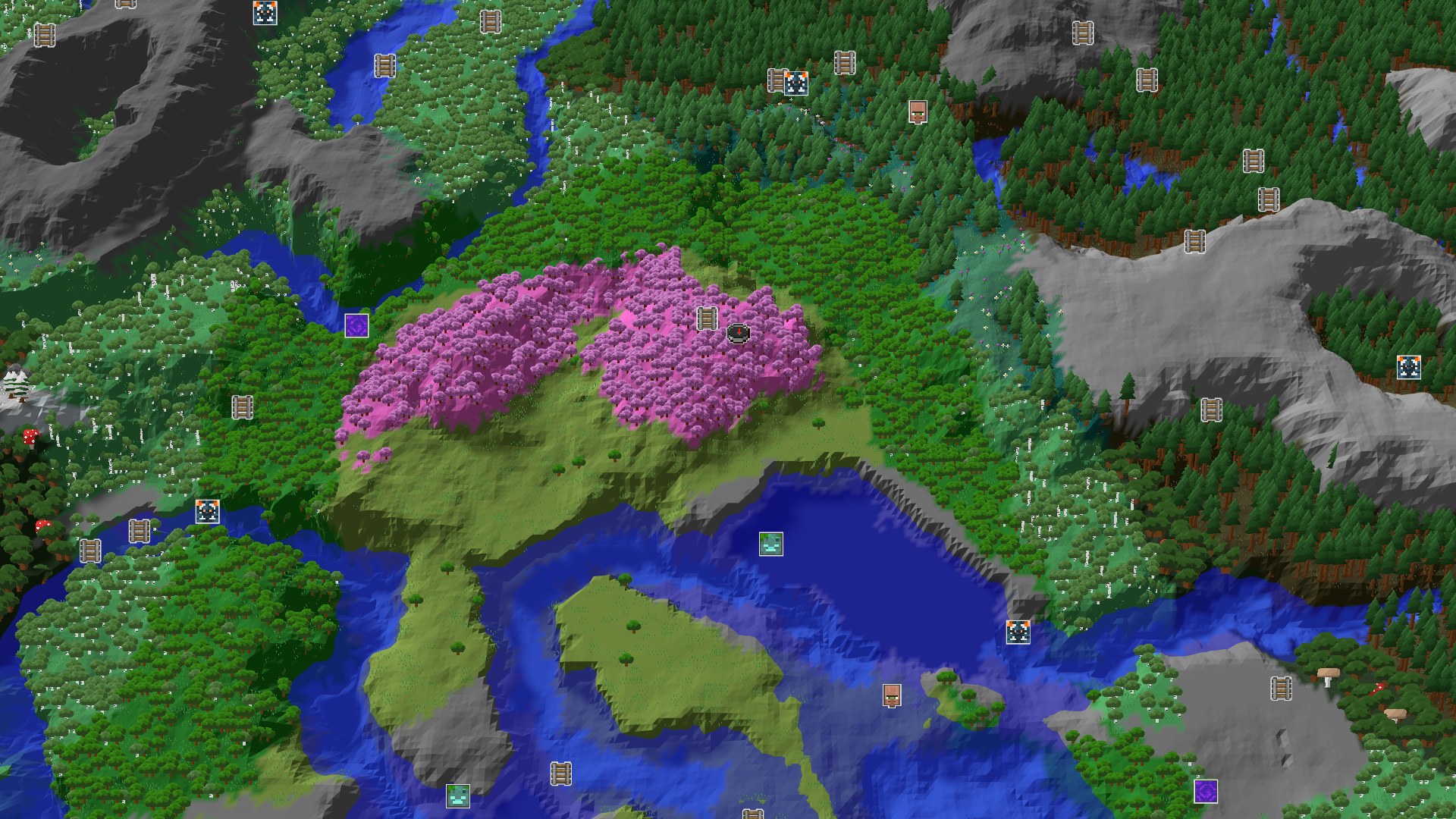 Aerial Minecraft seed map — Cherry Grove Spawn with Nearby Mineshaft and Geode
