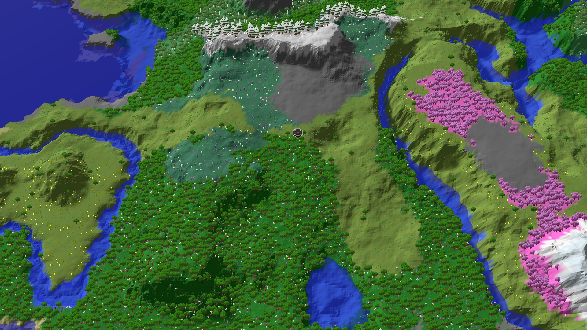 Aerial Minecraft seed map — A Flower Forest Start with Nearby Caves and Mountains