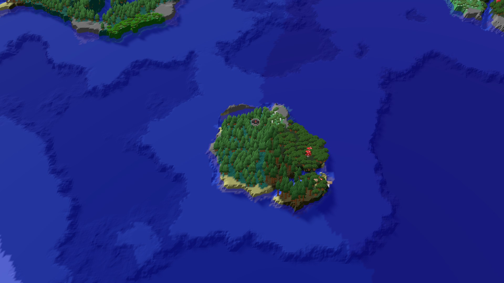 Aerial Minecraft seed map — Island Start with Nearby Village and Geode