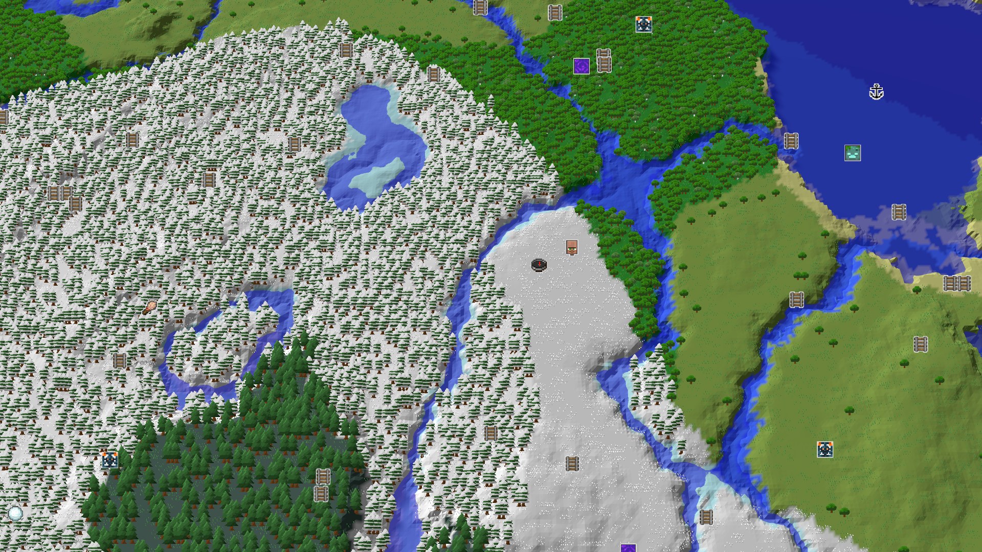 An aerial view of a snowy plains biome with scattered trees, a winding frozen river, and a large forest to the south, with a small marker at the center indicating the spawn point.