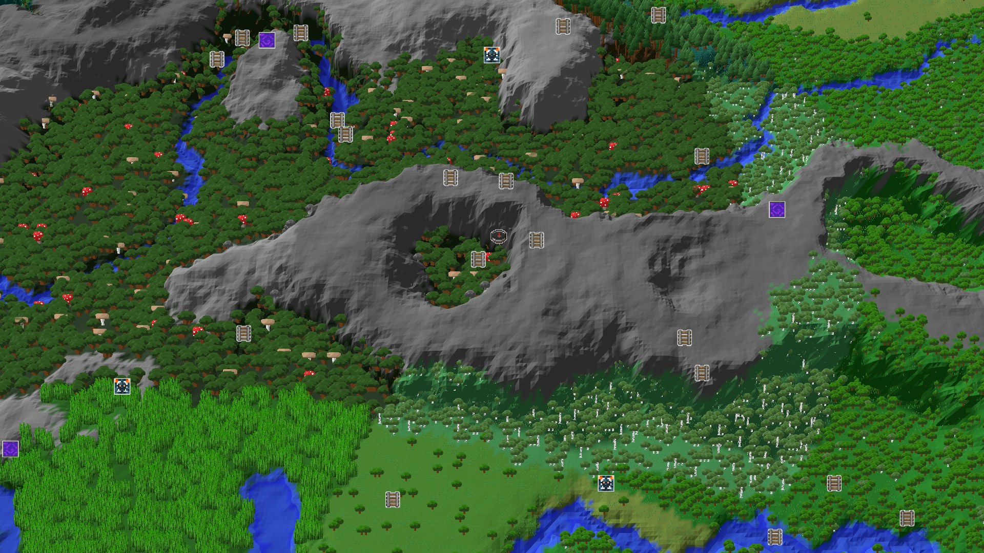 A 3D render of a Minecraft world from above, showing a dark forest with tall trees and red mushrooms, alongside grey mountains, rivers, and lighter green plains. A small spawn marker is visible in the center.