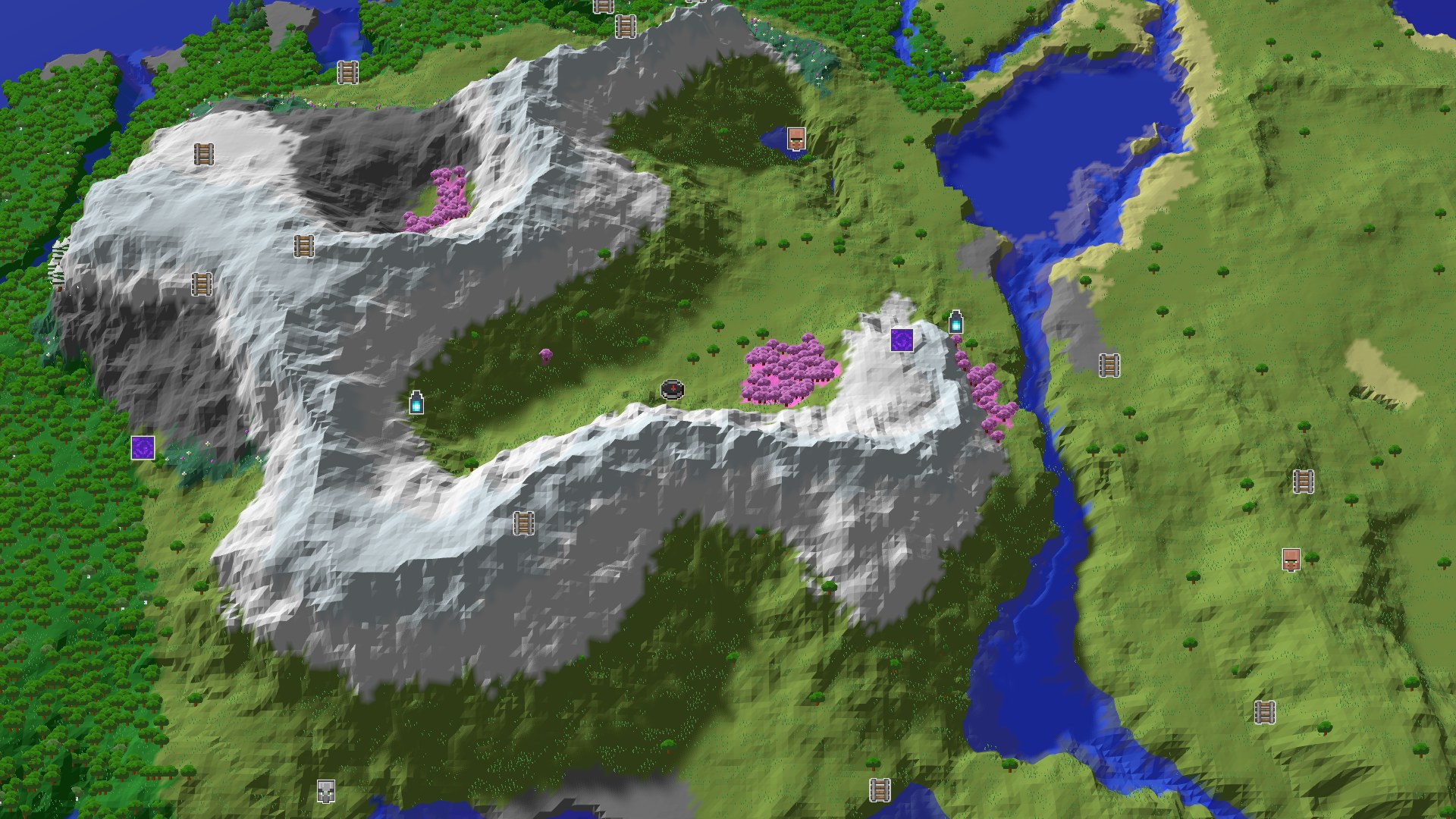 Aerial Minecraft seed map — Spawn in Plains with a nearby Cherry Grove and Mountains